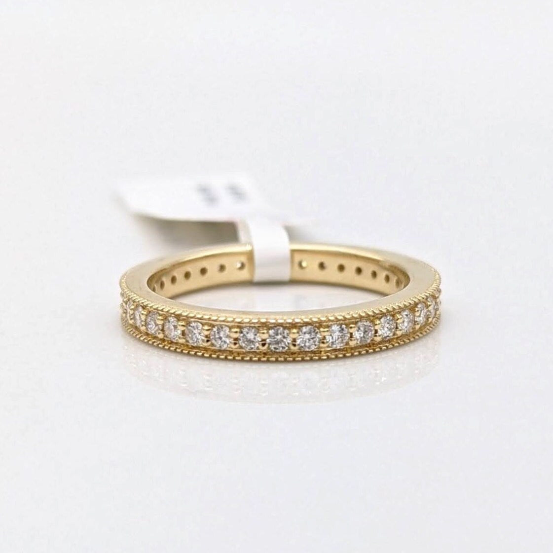 Diamond Eternity Band in Solid 14k Yellow Gold with Milgrain Detailing || Coin Edging || Stackable Band || Wedding Anniversary Engagement