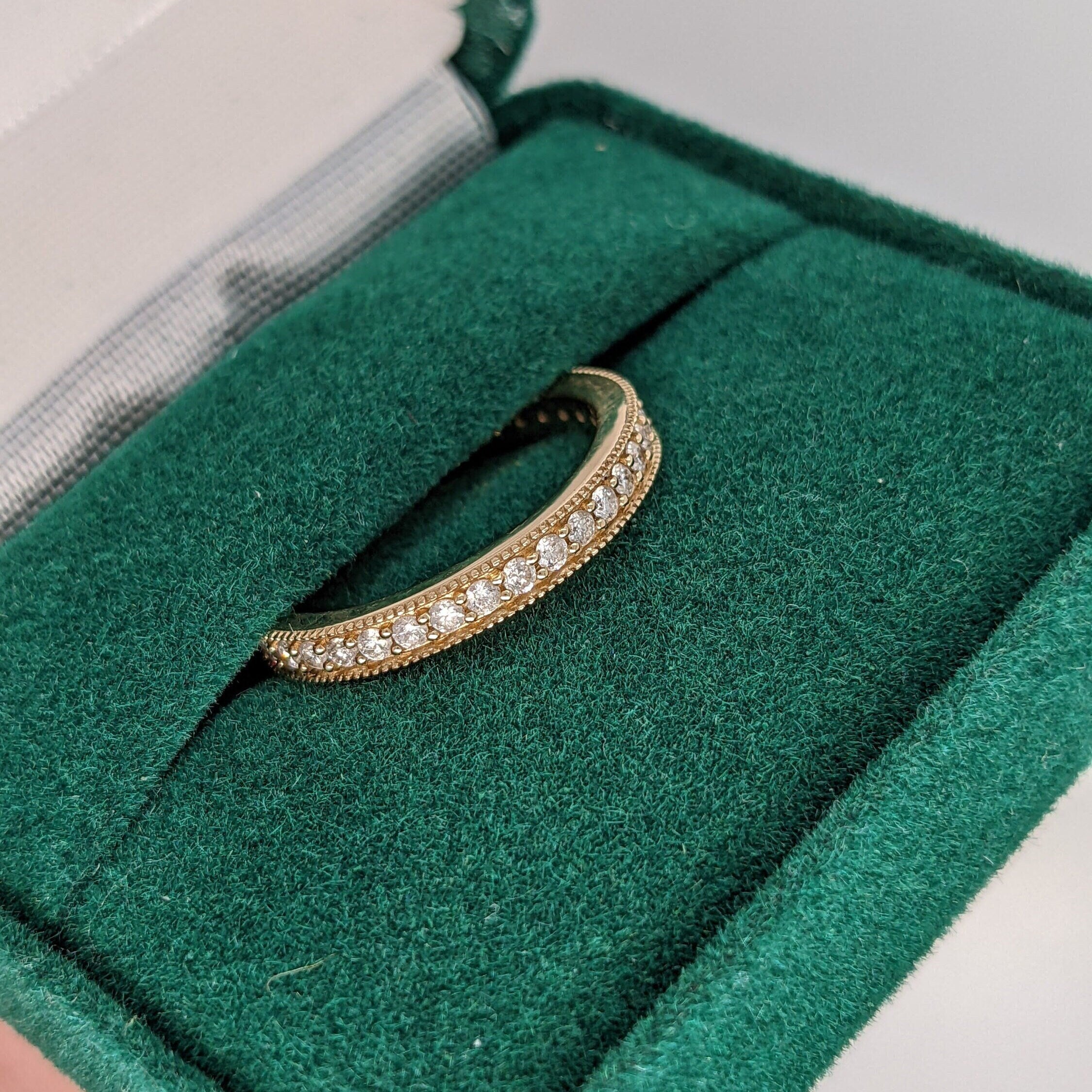 Diamond Eternity Band in Solid 14k Yellow Gold with Milgrain Detailing || Coin Edging || Stackable Band || Wedding Anniversary Engagement