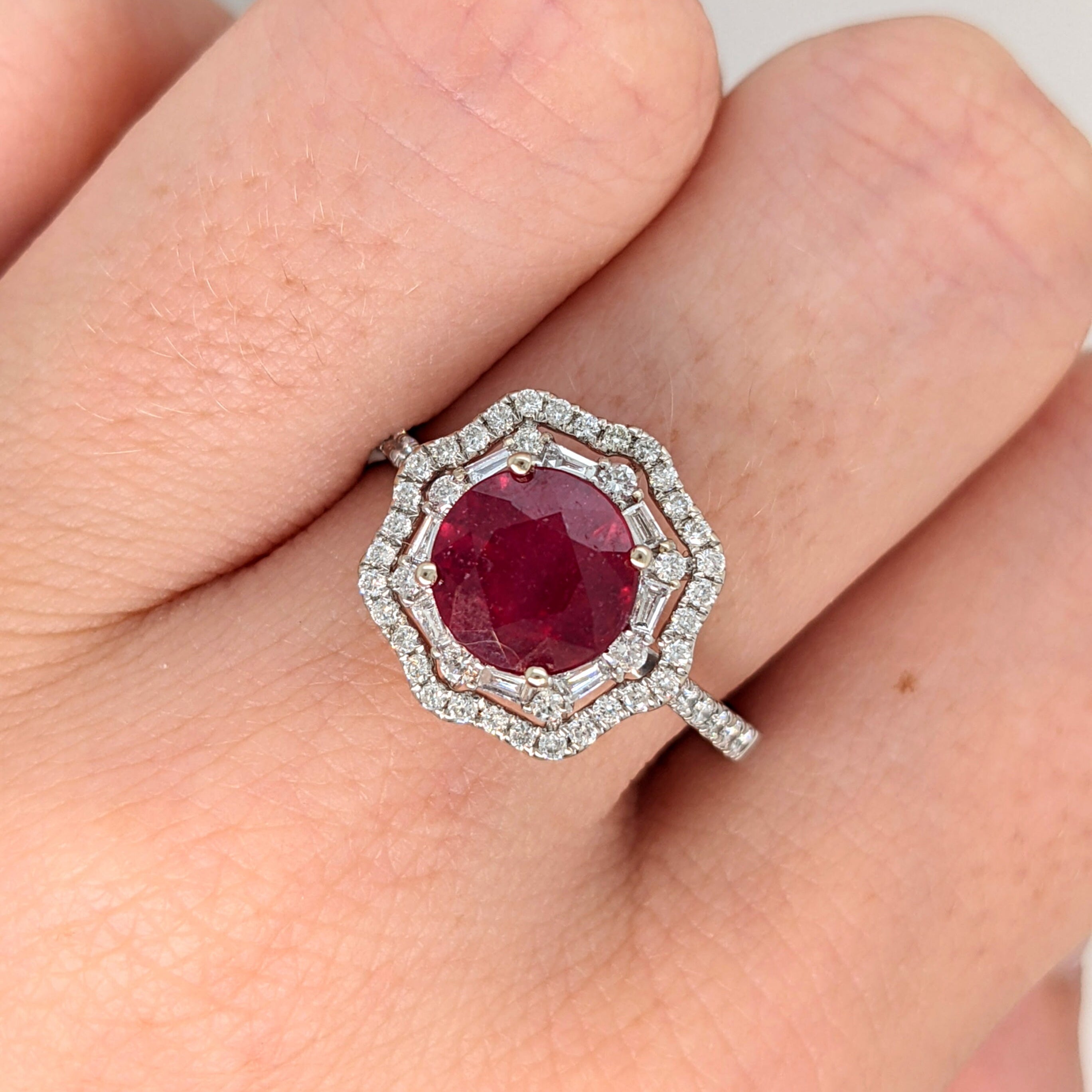 Earth Mined Red Ruby in 14k White Gold Art Deco Setting w/ Double Diamond Halo | Round 10mm | July Birthstone | Ruby Cocktail Ring | Sizable
