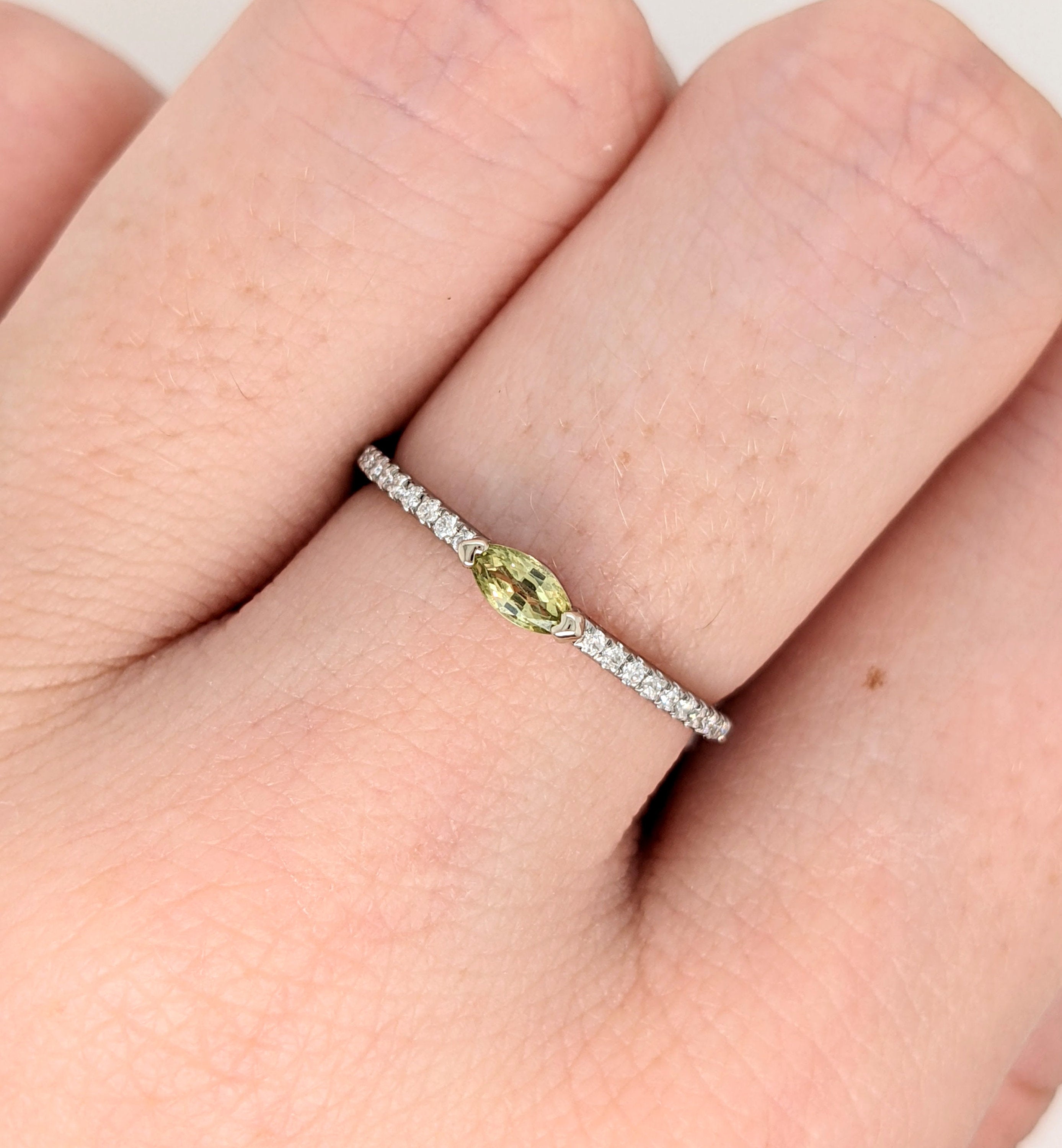 Dainty Green Yellow Sapphire Ring in 14k White gold with Diamond Pave Shank | East West | Marquise Gemstone Ring | September Birthstone