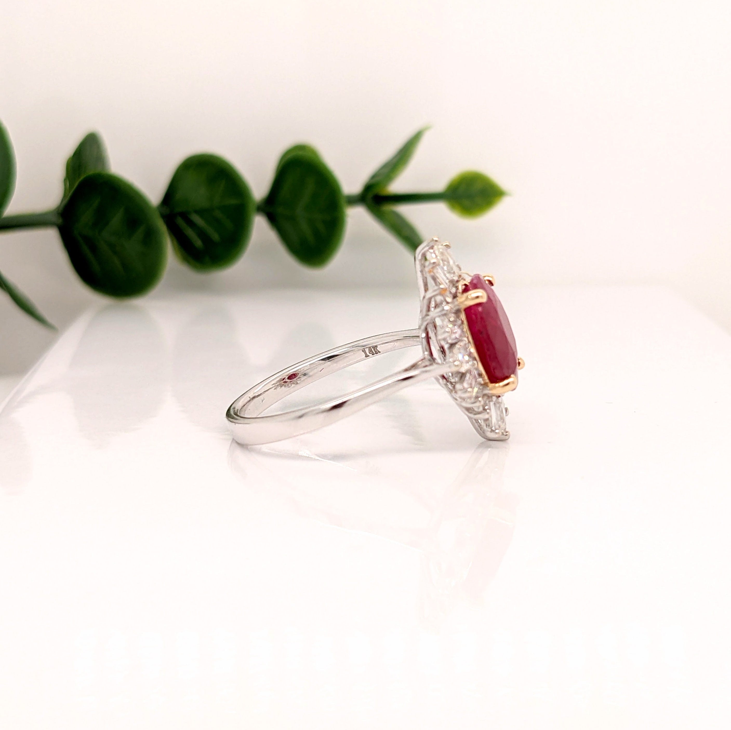 Bright Red Ruby Ring in Two Tone 14K Gold with Baguette Diamond Accents | Oval 10x8mm | July Birthstone | Anniversary Ring | Christmas Gift