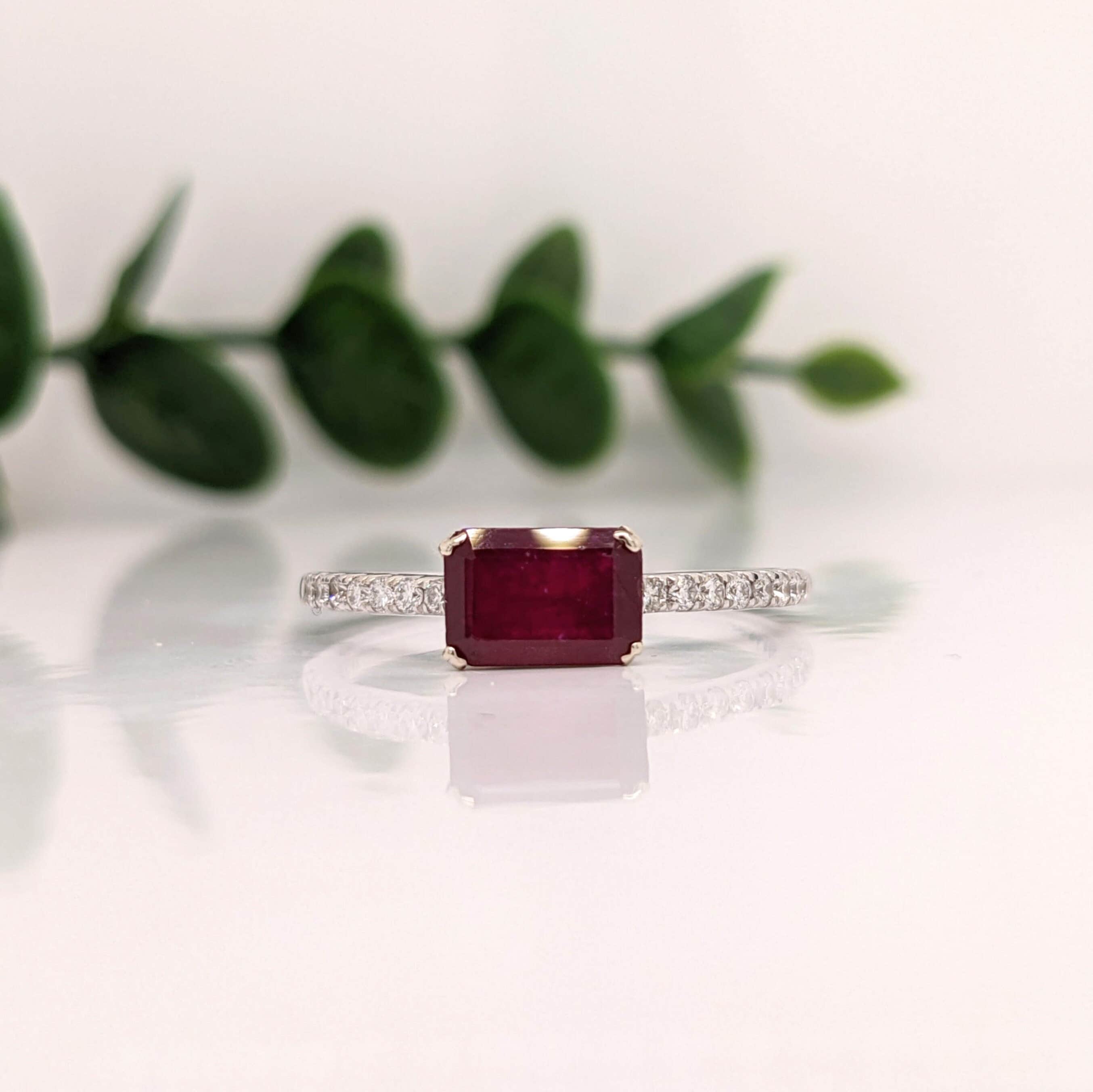Minimalist Deep Red Ruby Ring w/ Pave Diamond Shank | 14K White Gold | Pigeon Blood Color | Emerald Cut 7x5mm | July Birthstone | East West