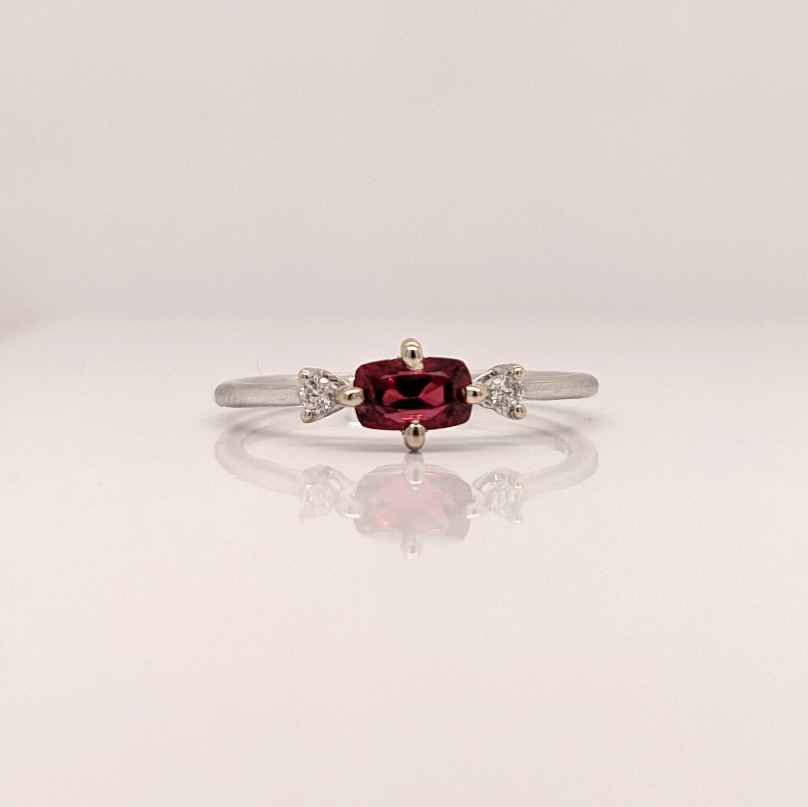 Deep Ruby Red Spinel Ring in 14K White Gold with Natural Diamond Accents | East West Radiant Cut 6x4mm | October Birthstone | Compass Prongs