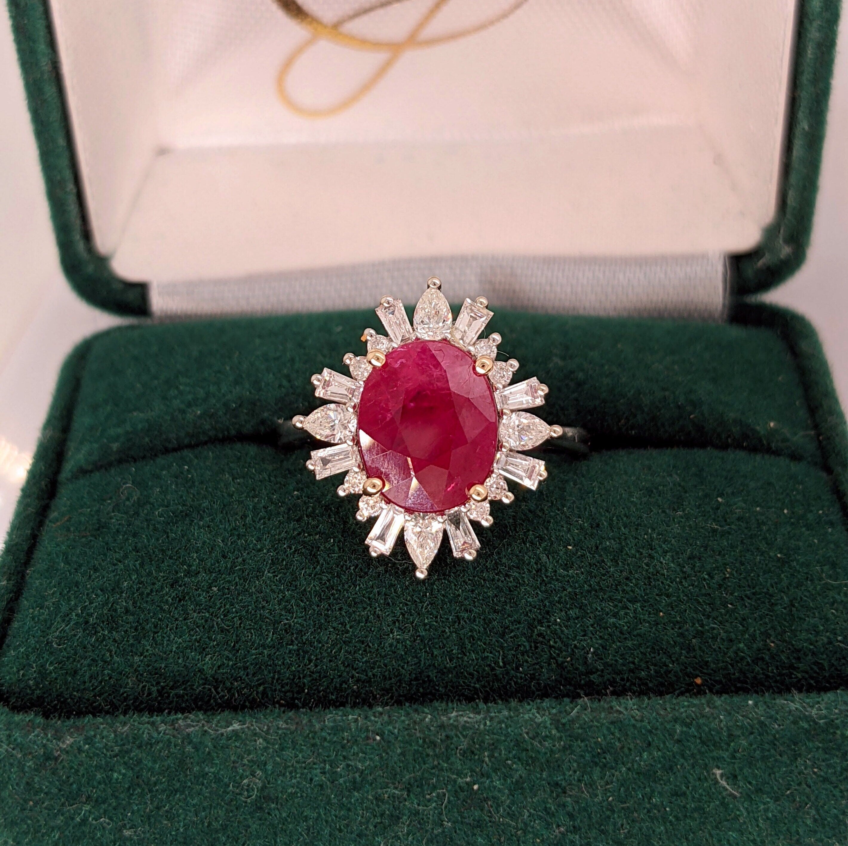 Bright Red Ruby Ring in Two Tone 14K Gold with Baguette Diamond Accents | Oval 10x8mm | July Birthstone | Anniversary Ring | Christmas Gift