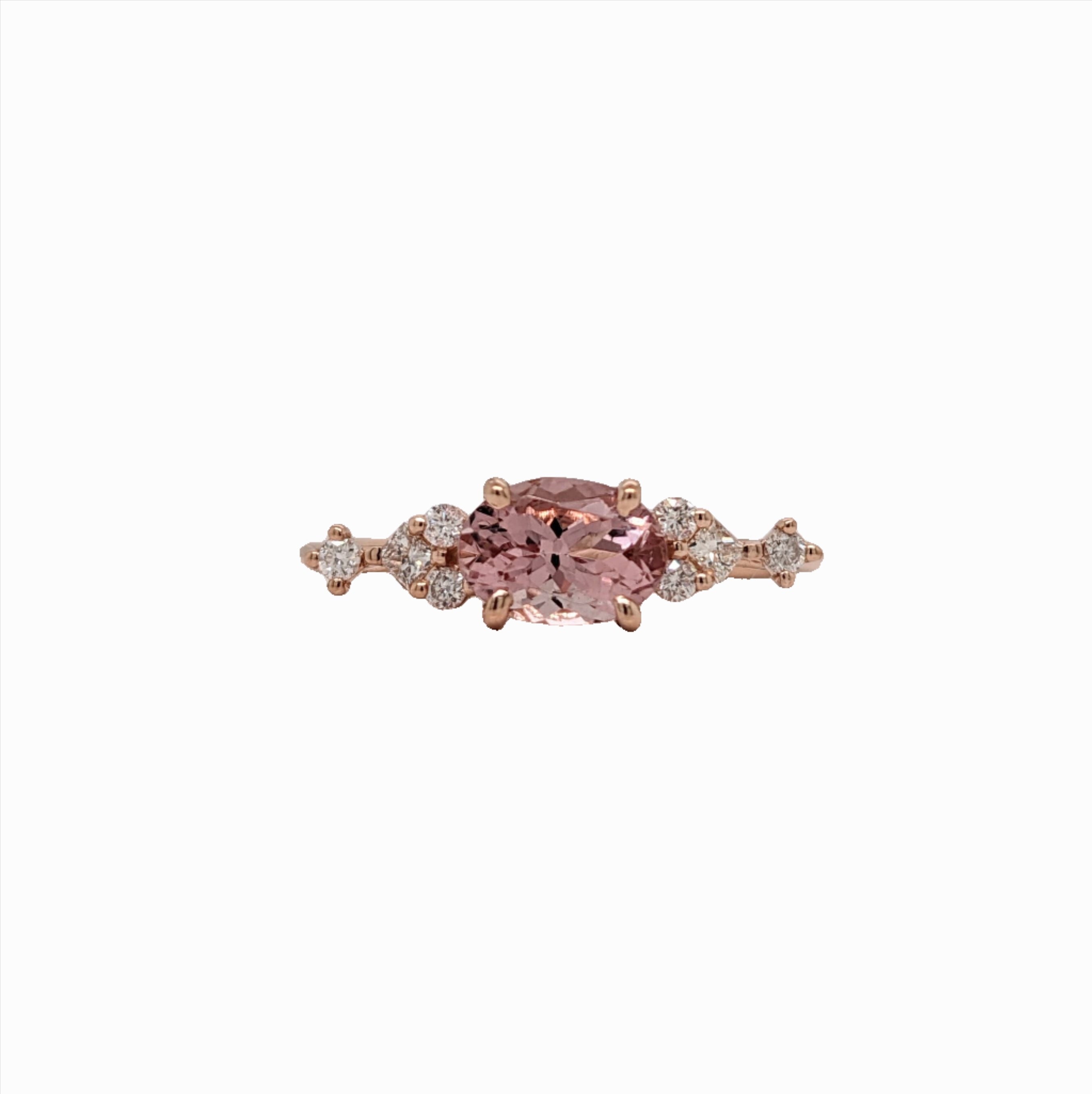 Pretty Pink Morganite Ring with Diamond Accents in Solid 14K Rose Gold | Oval 9x7mm | Dainty Ring | East West Ring | Push Present | Sizable