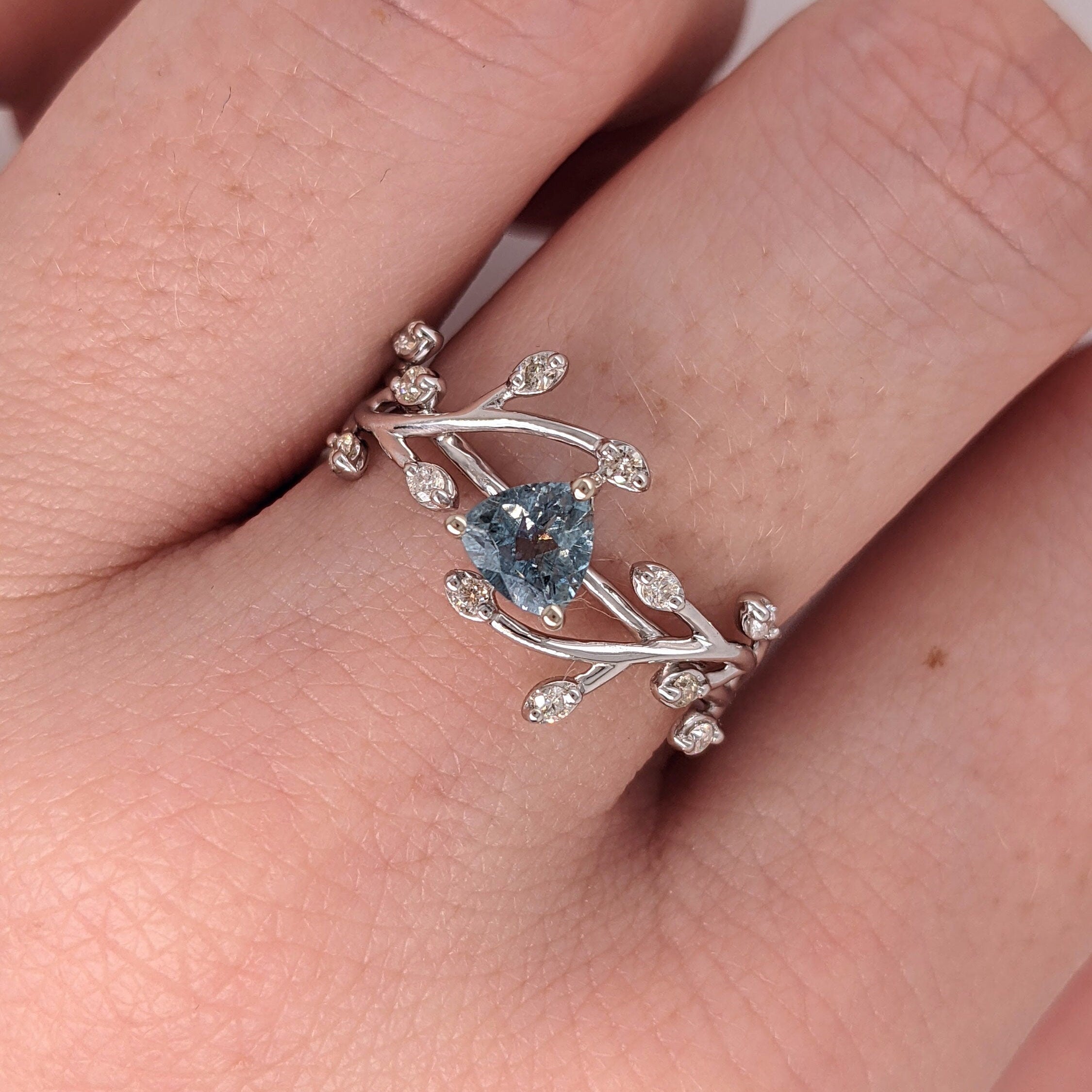 Sky Blue Natural Aquamarine Ring in 14k White Gold w Diamond Accents | Trillion 5.5mm | Elven Vine Ring | Nature Inspired | March Birthstone