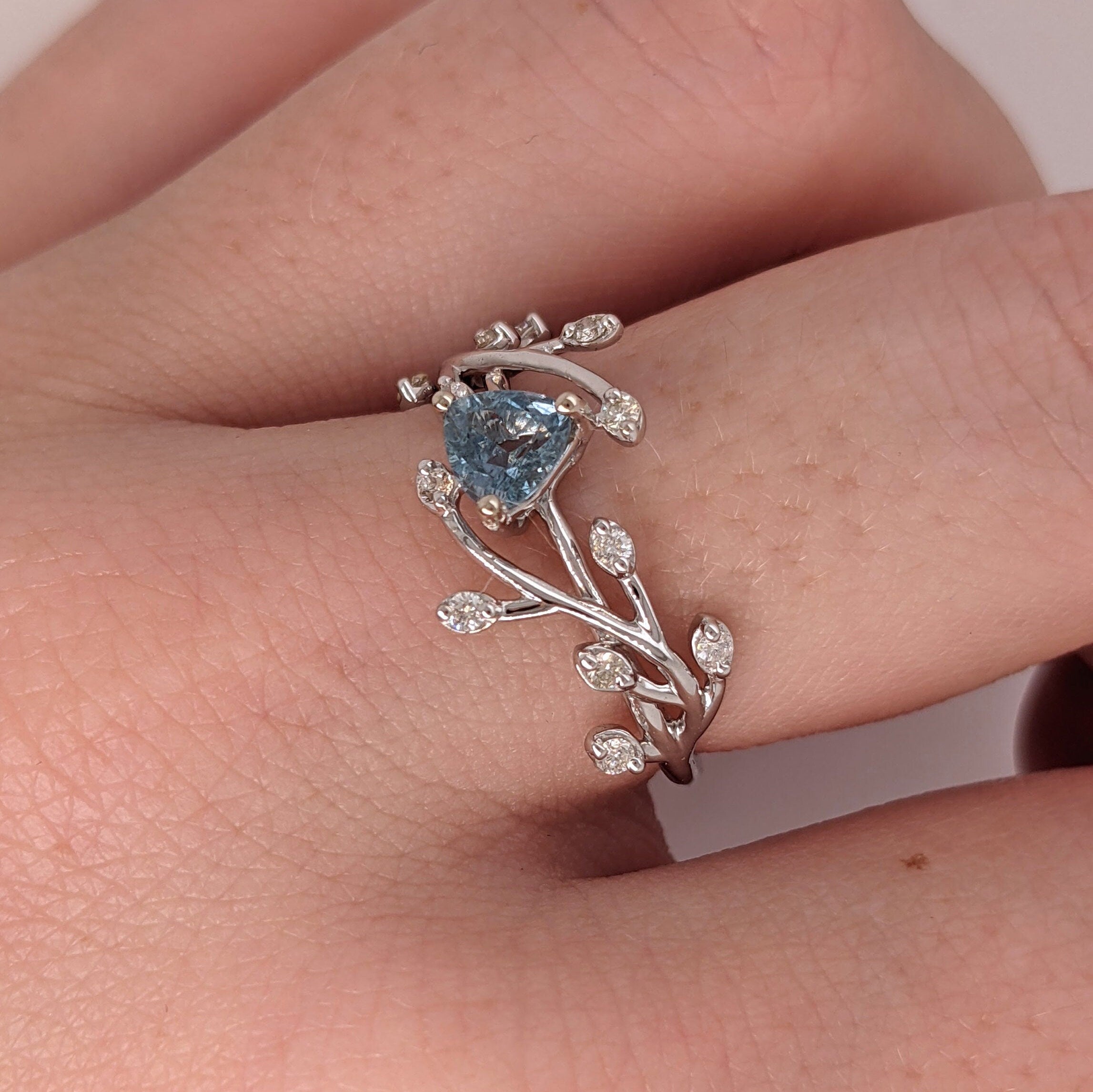 Sky Blue Natural Aquamarine Ring in 14k White Gold w Diamond Accents | Trillion 5.5mm | Elven Vine Ring | Nature Inspired | March Birthstone