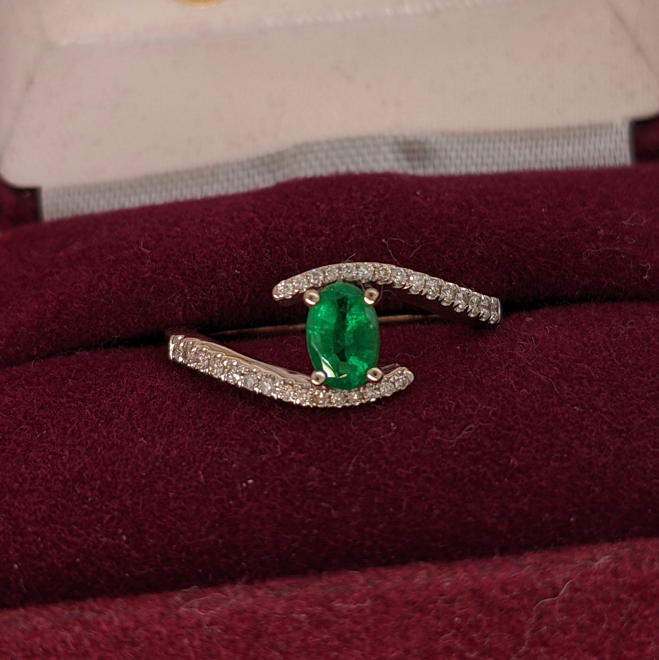 Pine Green Emerald Ring In 14k White Gold and pave diamond shank | Oval 6x4mm | May Birthstone | Bypass Ring | Wide Band | Christmas Gift