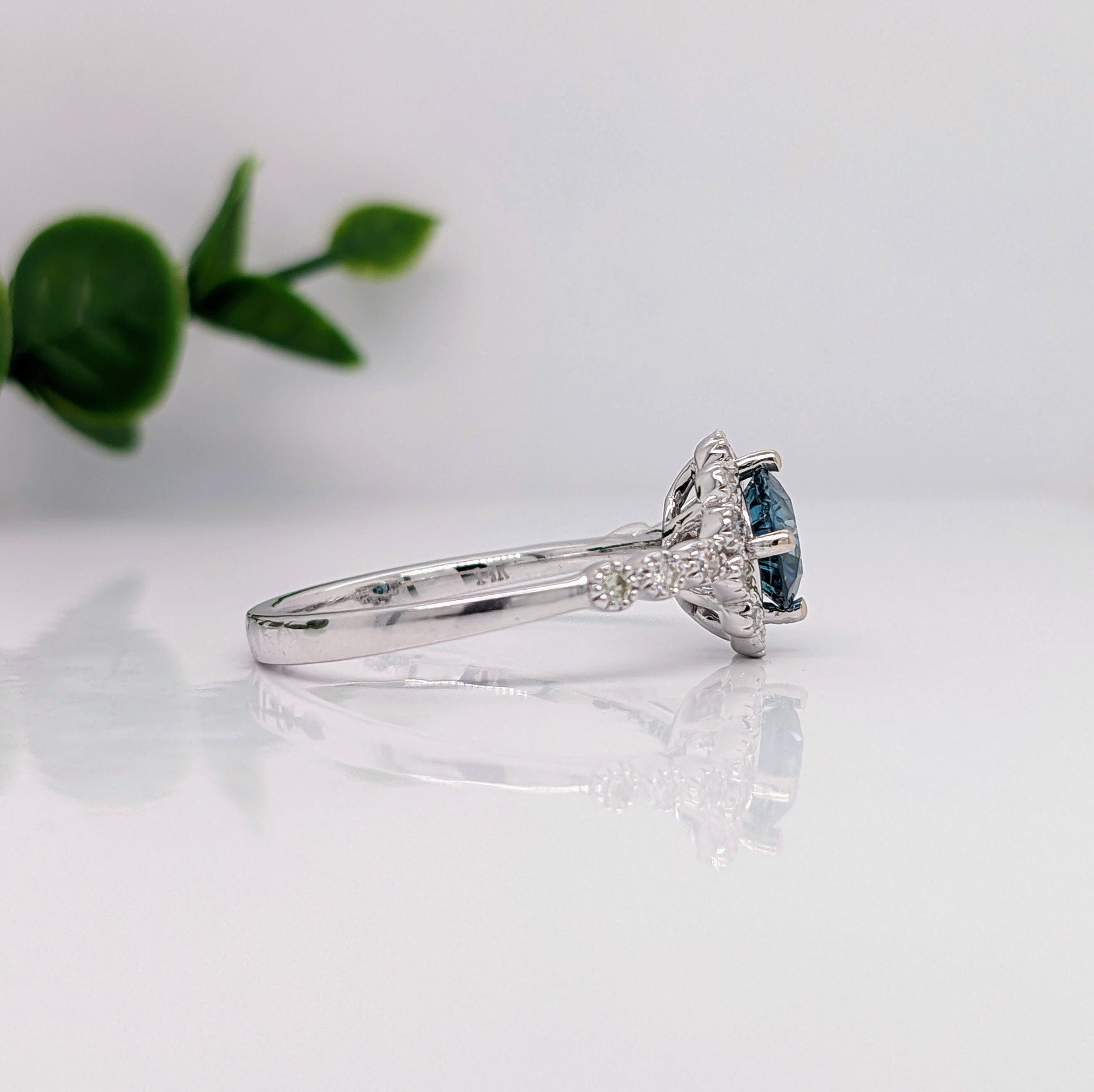 Vintage Style Blue Diamond Ring | 14K White Gold | Floral Natural Diamond Halo | Brilliant Cut 6mm | Milgrain Detail | April Birthstone