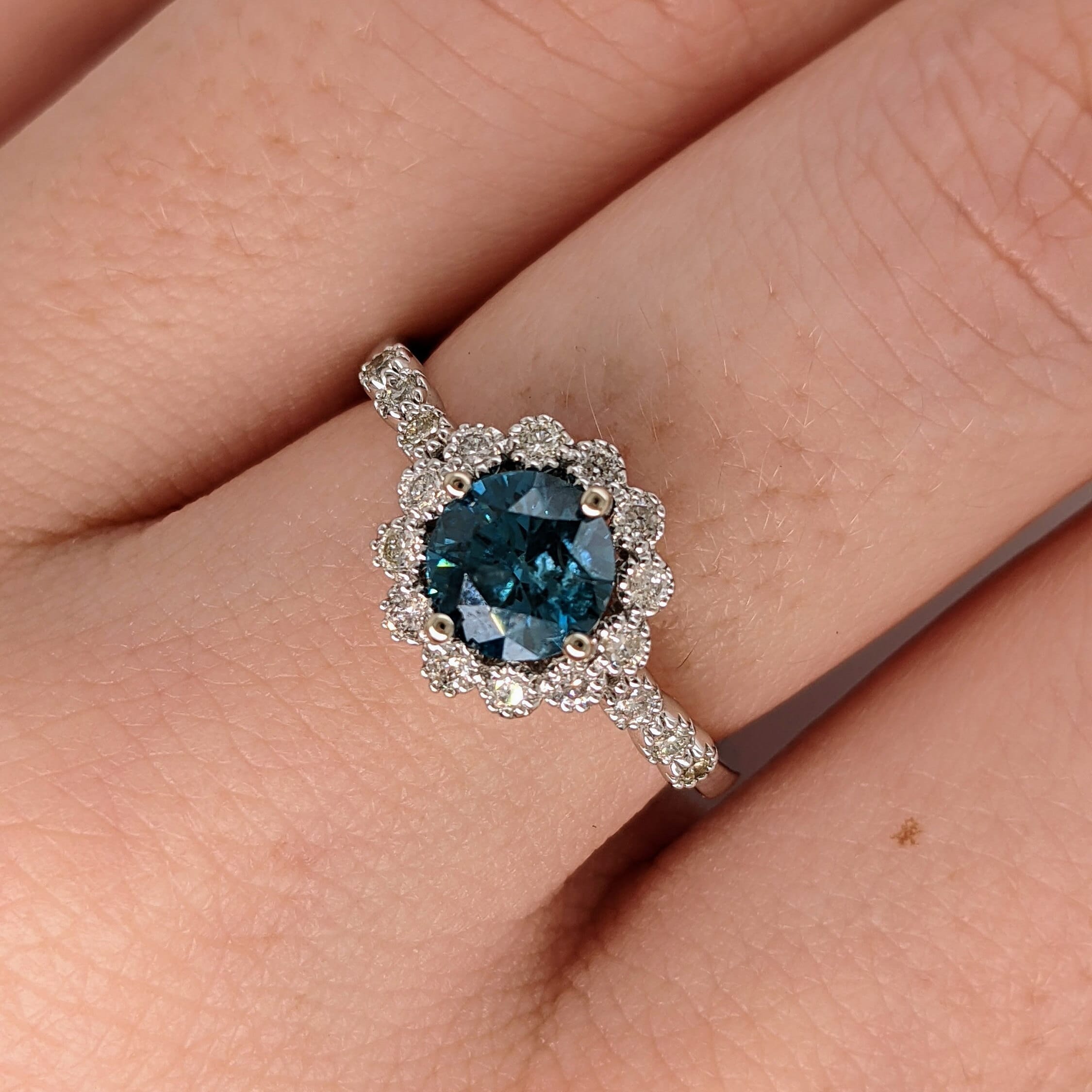 Vintage Style Blue Diamond Ring | 14K White Gold | Floral Natural Diamond Halo | Brilliant Cut 6mm | Milgrain Detail | April Birthstone