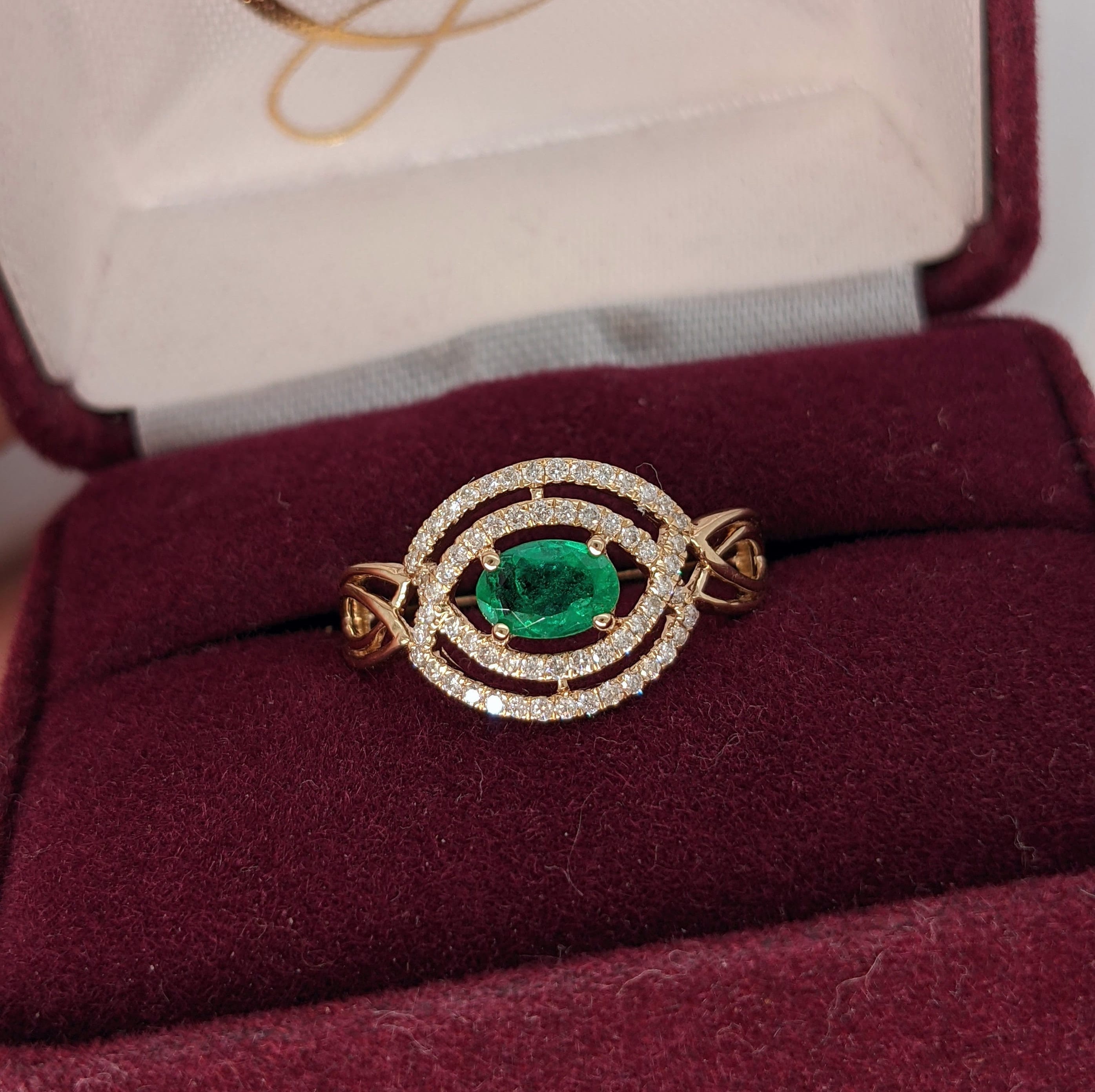 Emerald Ring in Solid 14k Yellow, White or Rose Gold w Celtic Shank and Diamond Double Halo | Oval 6x4mm | May Birthstone | Wide | Infinity