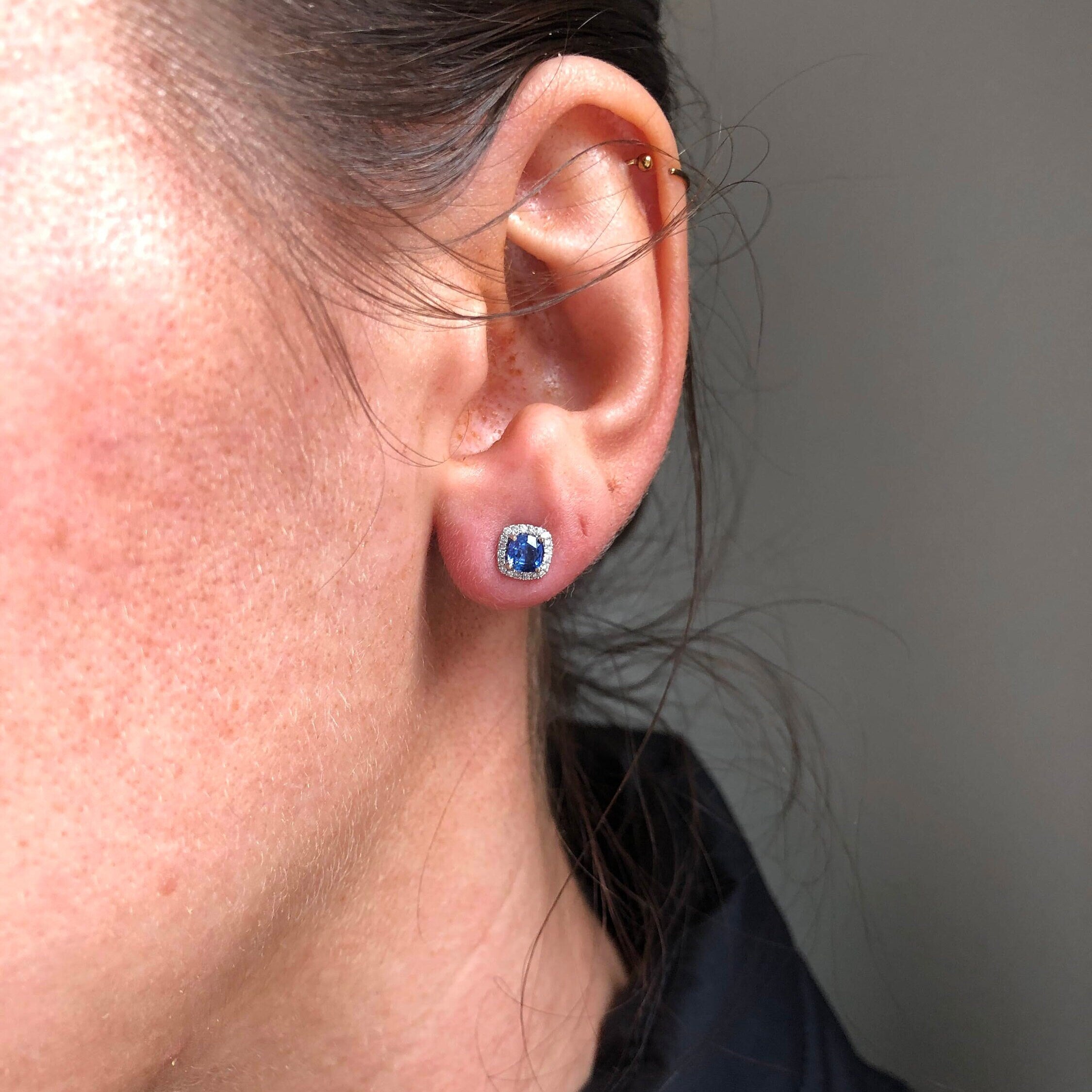 Beautiful Blue Sapphire Stud Earrings with a Natural Diamond Halo in Solid 14k White Gold | Pushback | September Birthstone | Elegant Look