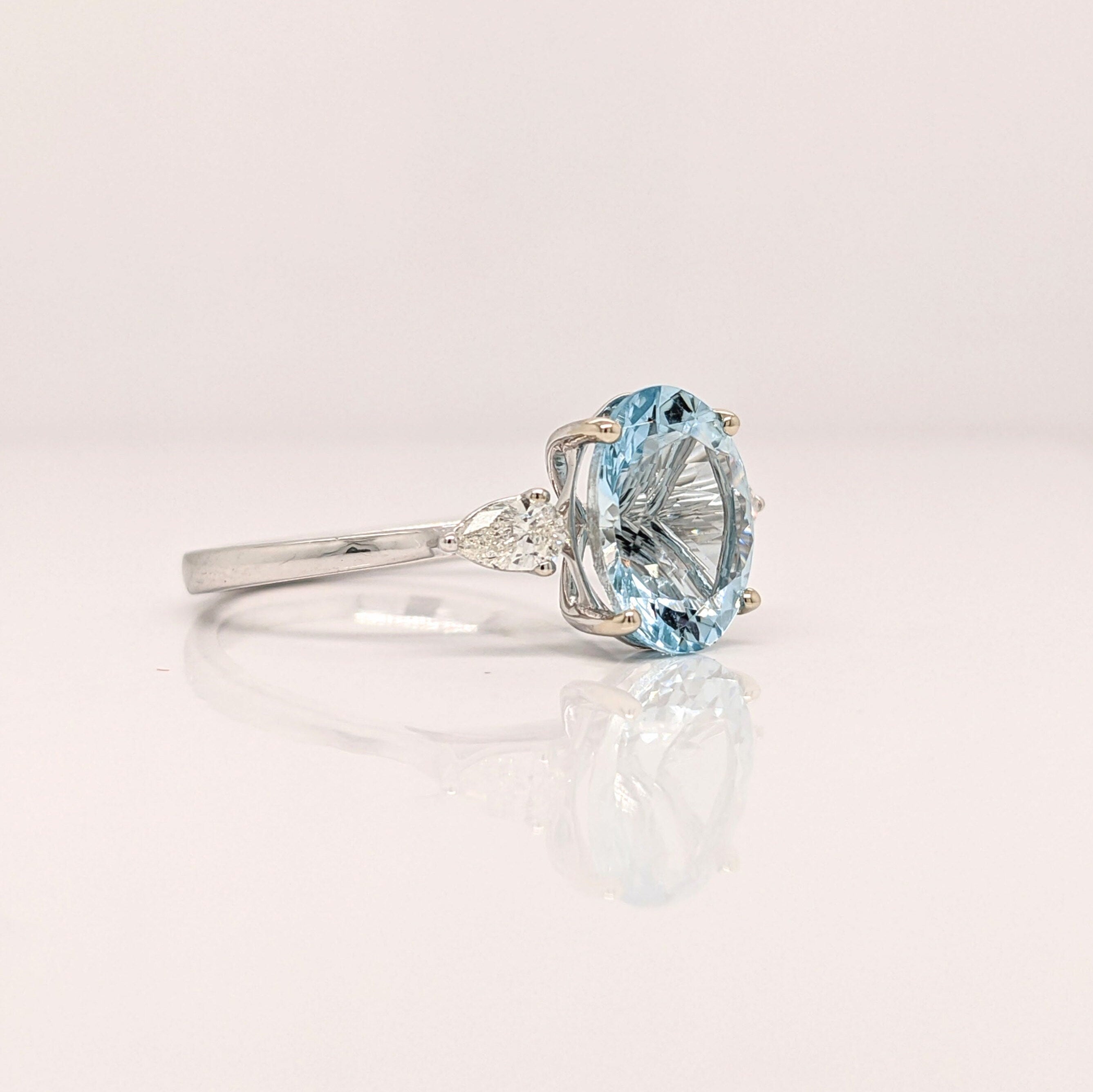 Sparkling Sky Blue Aquamarine Ring | 14K White Gold | Pear Diamond Accents | Oval 10x8mm | Minimalist | March Birthstone | Cathedral Ring