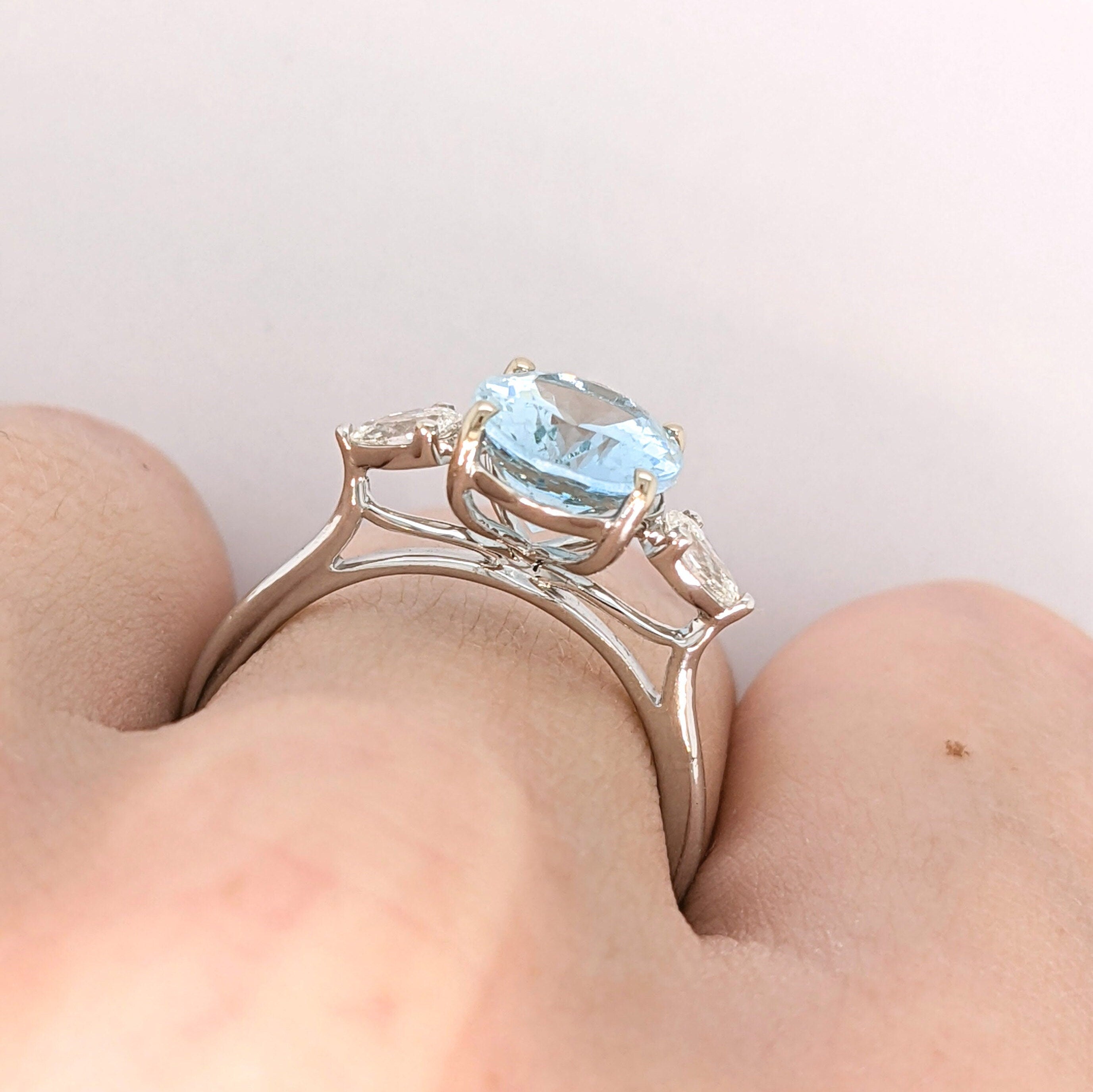 Sparkling Sky Blue Aquamarine Ring | 14K White Gold | Pear Diamond Accents | Oval 10x8mm | Minimalist | March Birthstone | Cathedral Ring