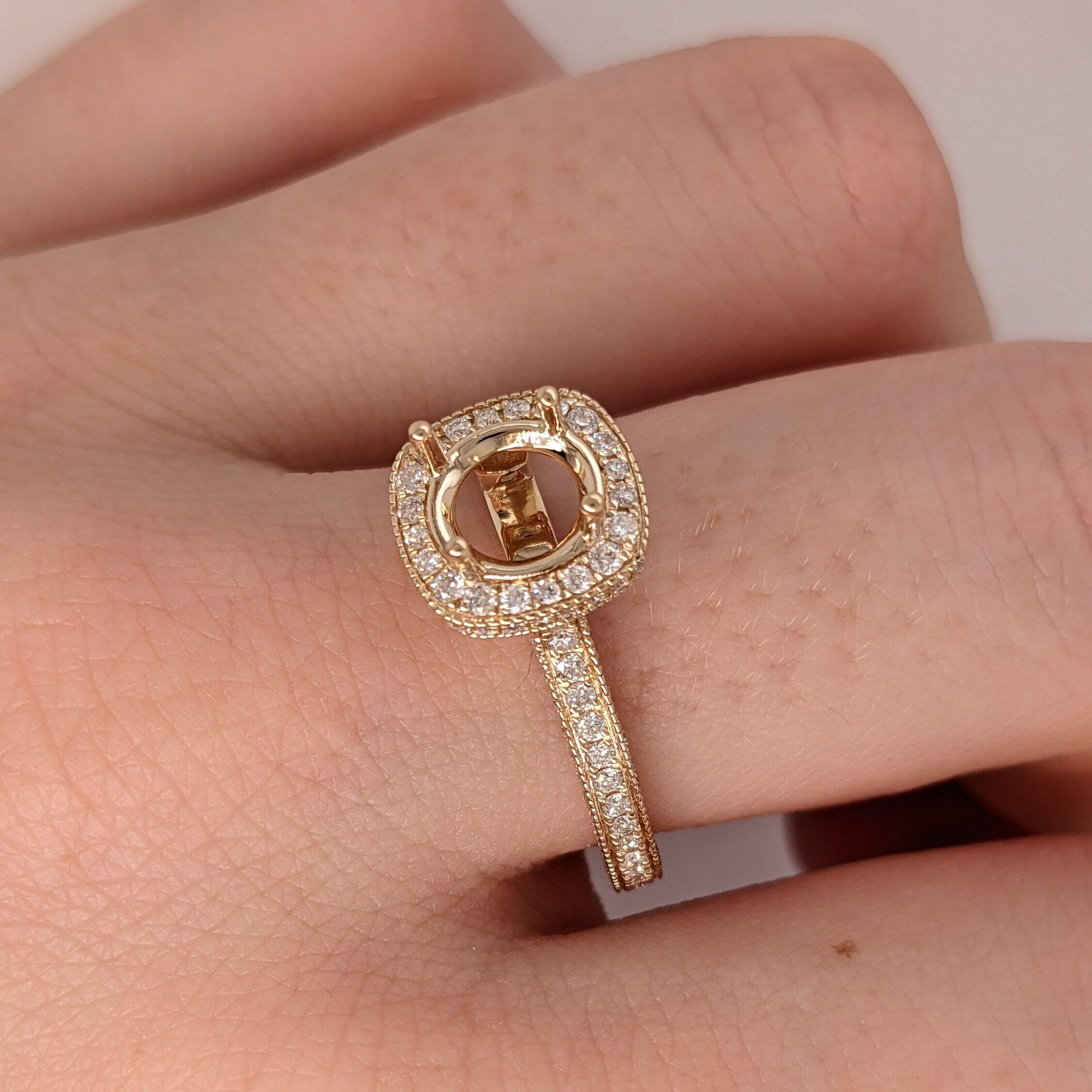 Stunning Vintage Inspired Ring Semi Mount with Diamond Halo and Pave Diamond Shank | Round 6.7mm | Brilliant Cut | Custom Sizes!