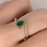 Pine Green Emerald Ring In 14k White Gold and pave diamond shank | Oval 6x4mm | May Birthstone | Bypass Ring | Wide Band | Christmas Gift