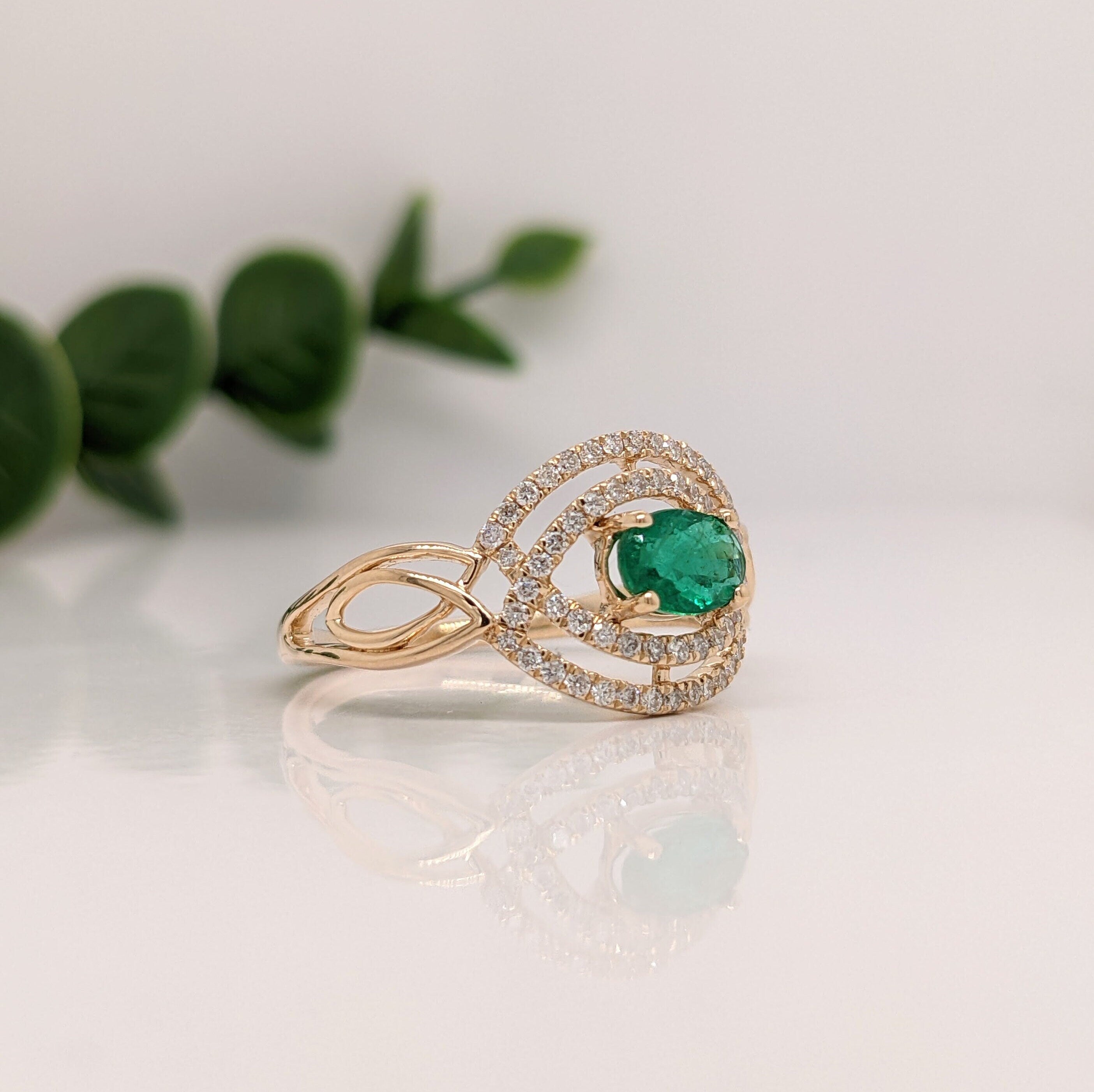 Emerald Ring in Solid 14k Yellow, White or Rose Gold w Celtic Shank and Diamond Double Halo | Oval 6x4mm | May Birthstone | Wide | Infinity