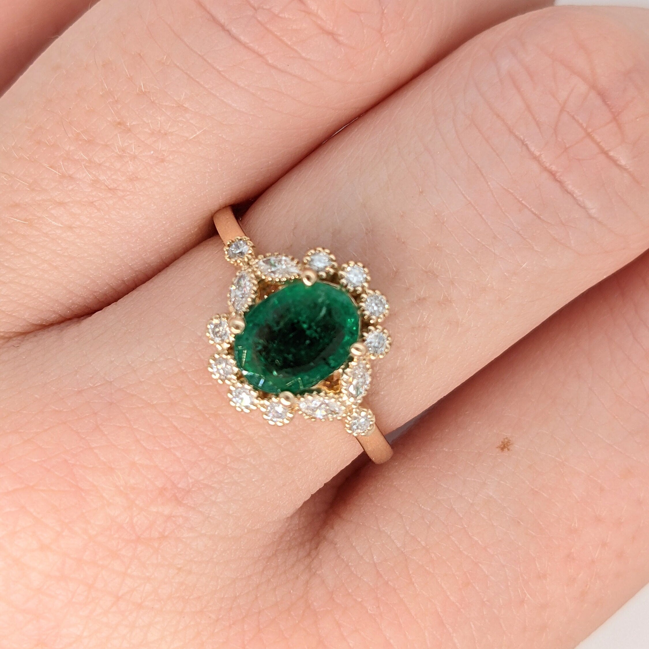 Vintage Inspired Green Emerald Ring In 14k Yellow Gold w/ Diamond Halo | Oval 8x6mm | May Birthstone | Milgrain Detail | Verdant Green Gem