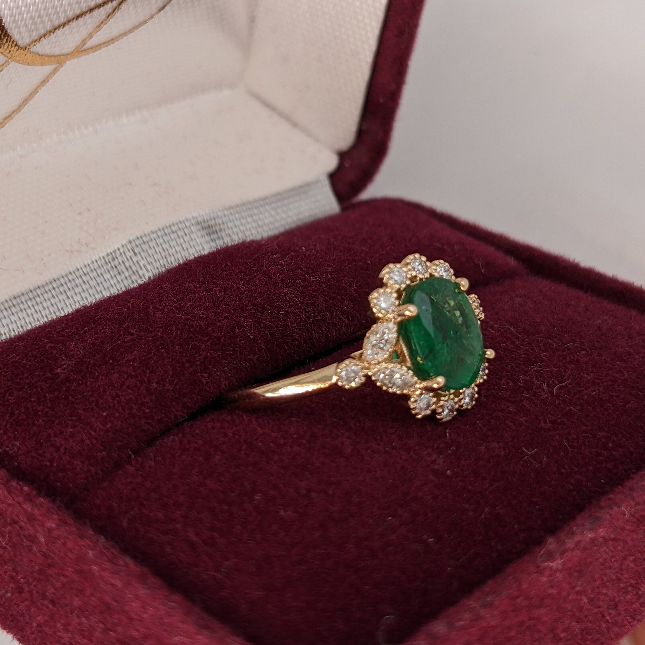 Vintage Inspired Green Emerald Ring In 14k Yellow Gold w/ Diamond Halo | Oval 8x6mm | May Birthstone | Milgrain Detail | Verdant Green Gem