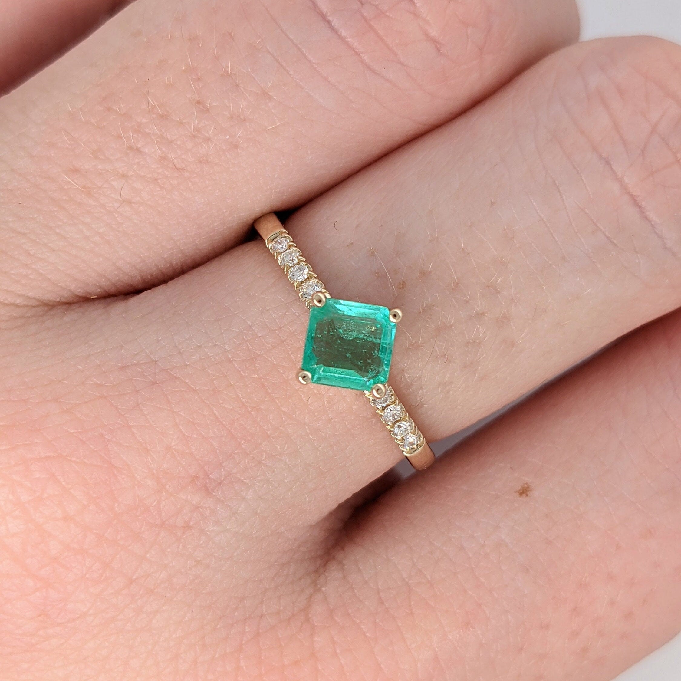 Glowing Bright Green Emerald Ring in 14k Yellow Gold w/ Natural Diamond Accents | Ascher Cut 5mm | May Birthstone | Compass prongs | Dainty
