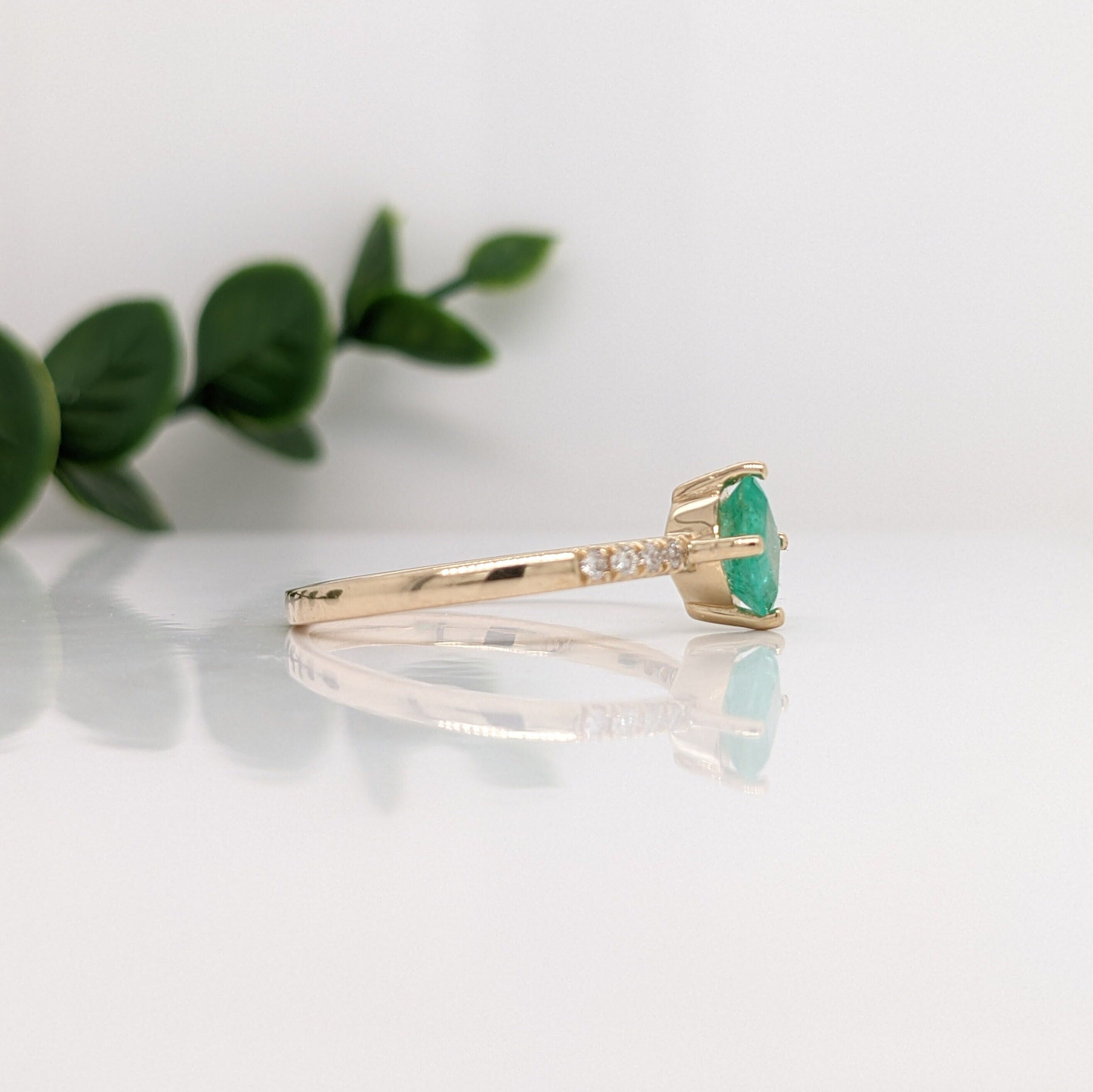 Glowing Bright Green Emerald Ring in 14k Yellow Gold w/ Natural Diamond Accents | Ascher Cut 5mm | May Birthstone | Compass prongs | Dainty