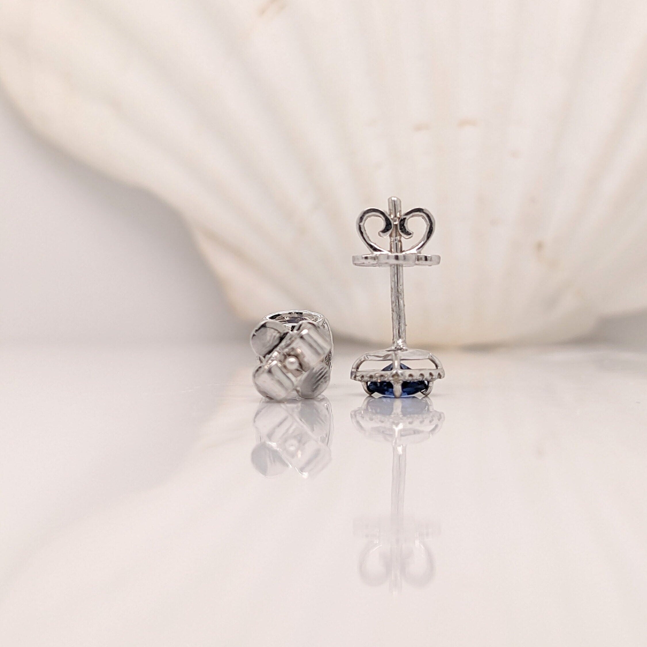 Beautiful Blue Sapphire Stud Earrings with a Natural Diamond Halo in Solid 14k White Gold | Pushback | September Birthstone | Elegant Look