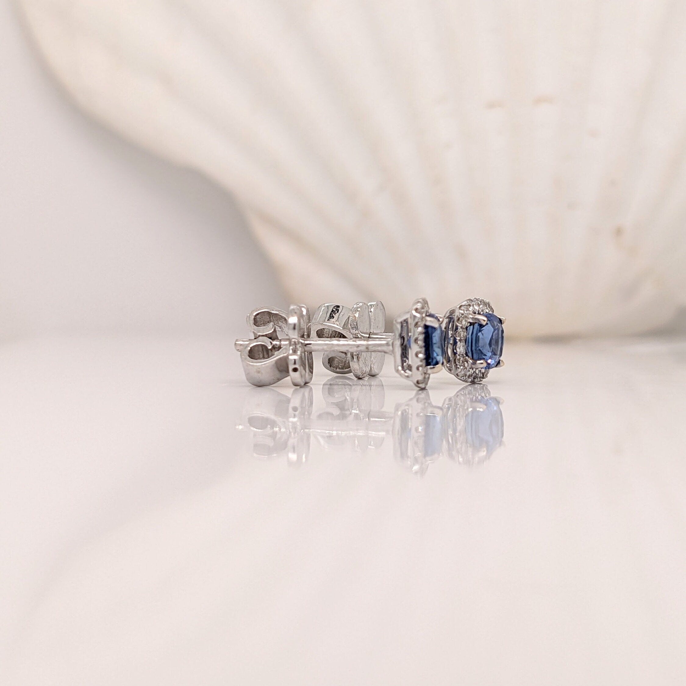 Beautiful Blue Sapphire Stud Earrings with a Natural Diamond Halo in Solid 14k White Gold | Pushback | September Birthstone | Elegant Look