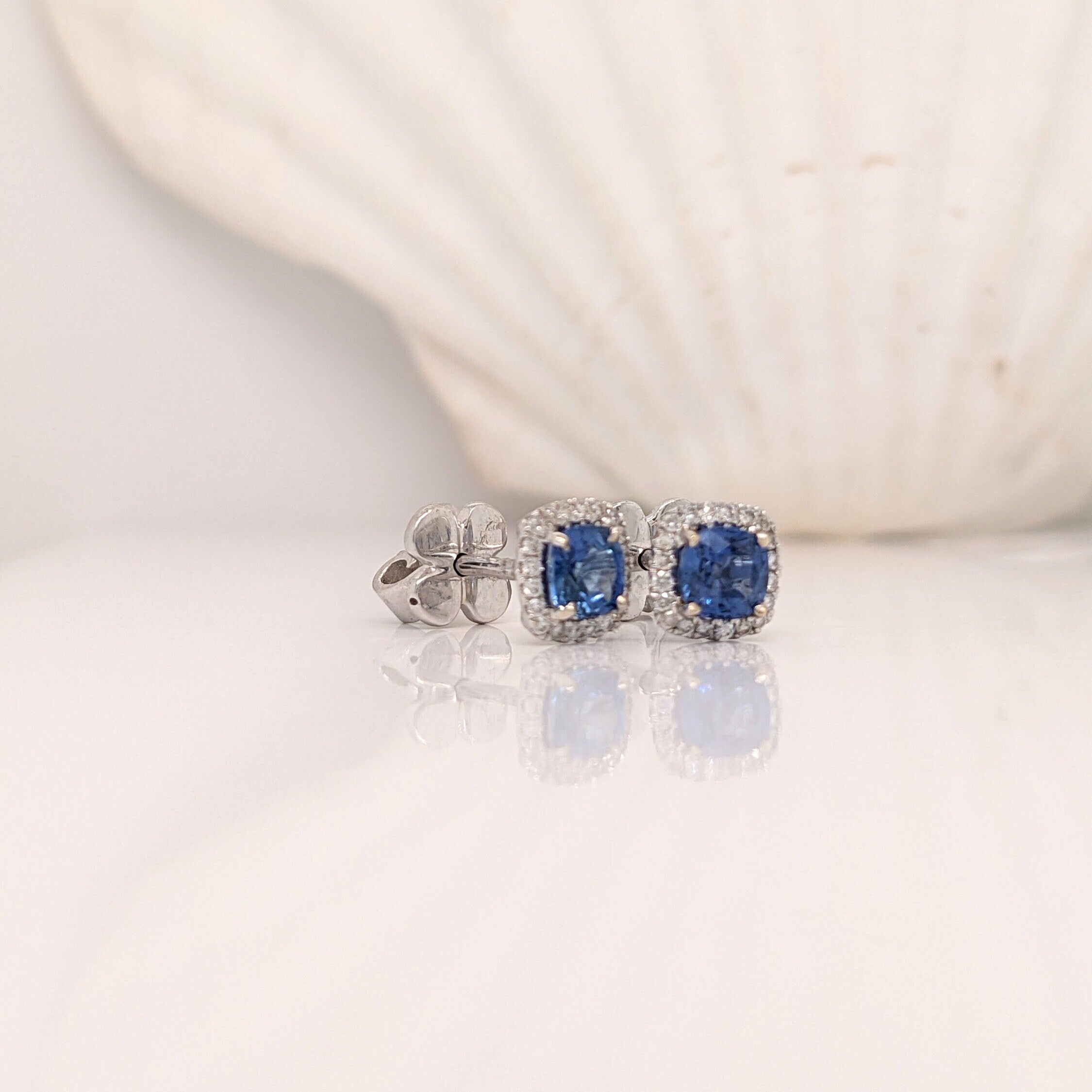 Beautiful Blue Sapphire Stud Earrings with a Natural Diamond Halo in Solid 14k White Gold | Pushback | September Birthstone | Elegant Look