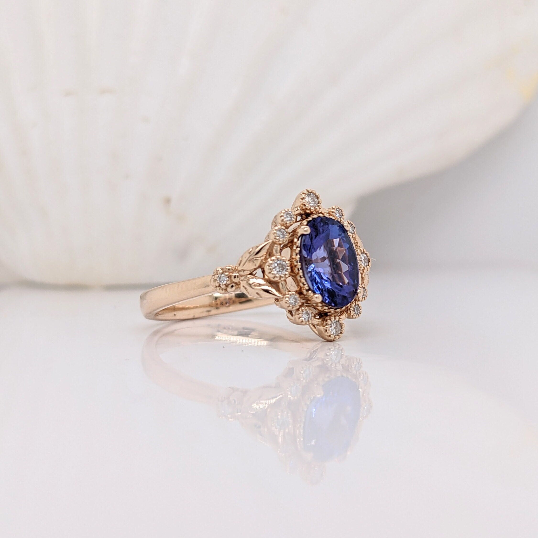 Floral Tanzanite Ring in 14k Solid Yellow, White or Rose Gold w Diamond Accent and Milgrain Detail | Oval 8x6mm | December | Bezel | Deep