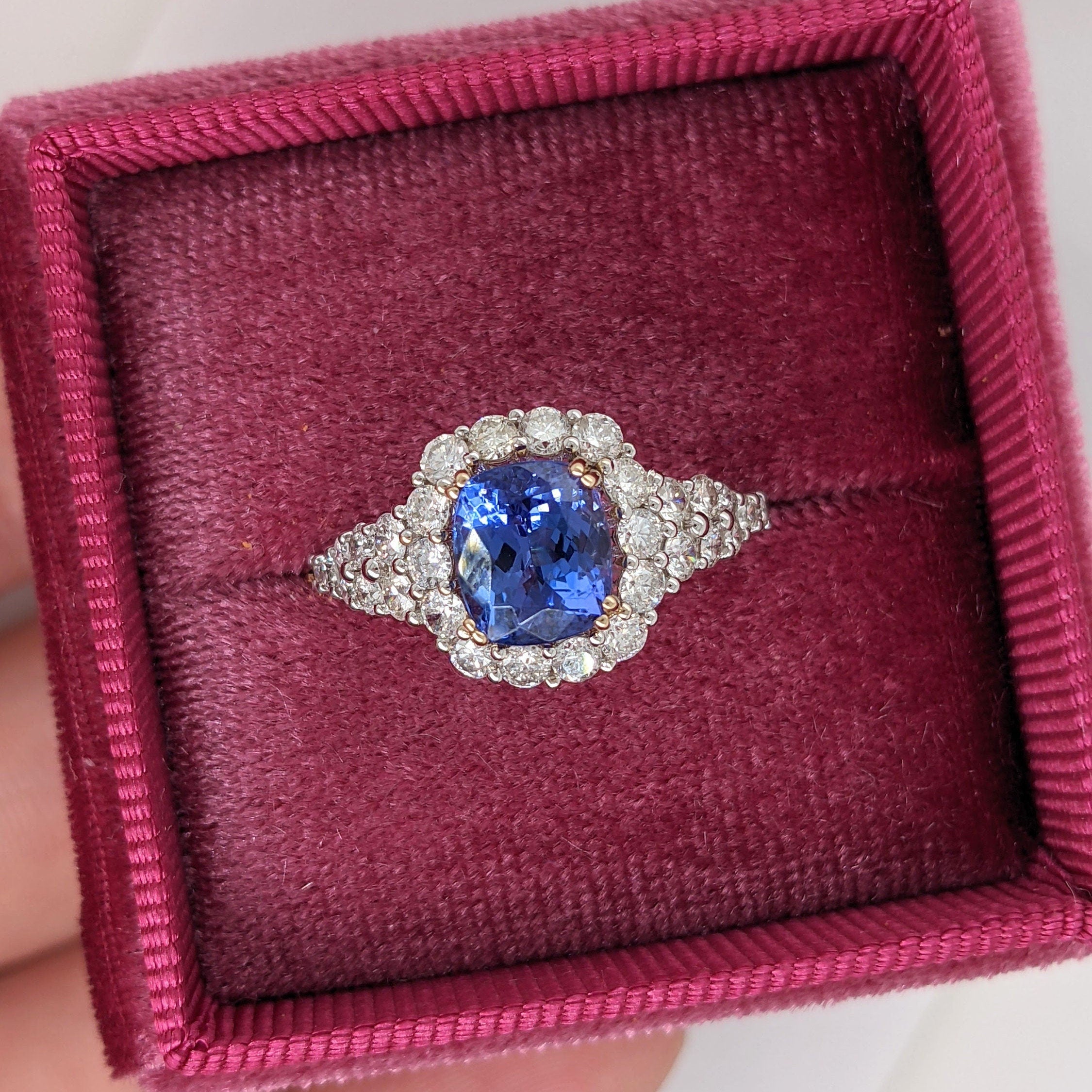 Stunning Tanzanite Ring in 14k Solid White and Yellow Dual Tone Gold with Double Halo of Natural Diamond | Cushion Cut | Tapered | December