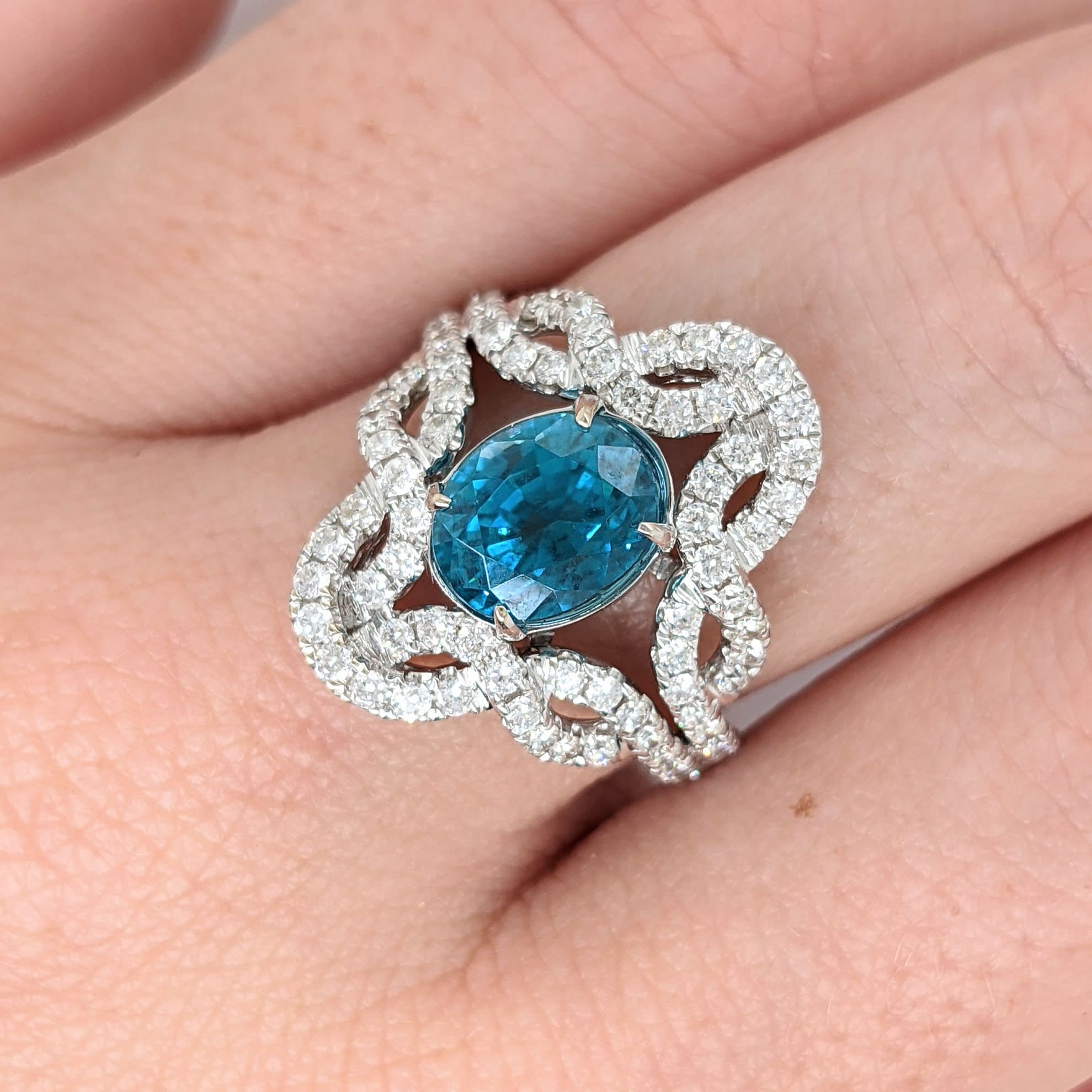 Sparkling Blue Zircon Ring in Solid 14K White Gold w Intricate Pave Diamond Design | Oval 9.5x7.5mm | Art Deco Ring | December Birthstone