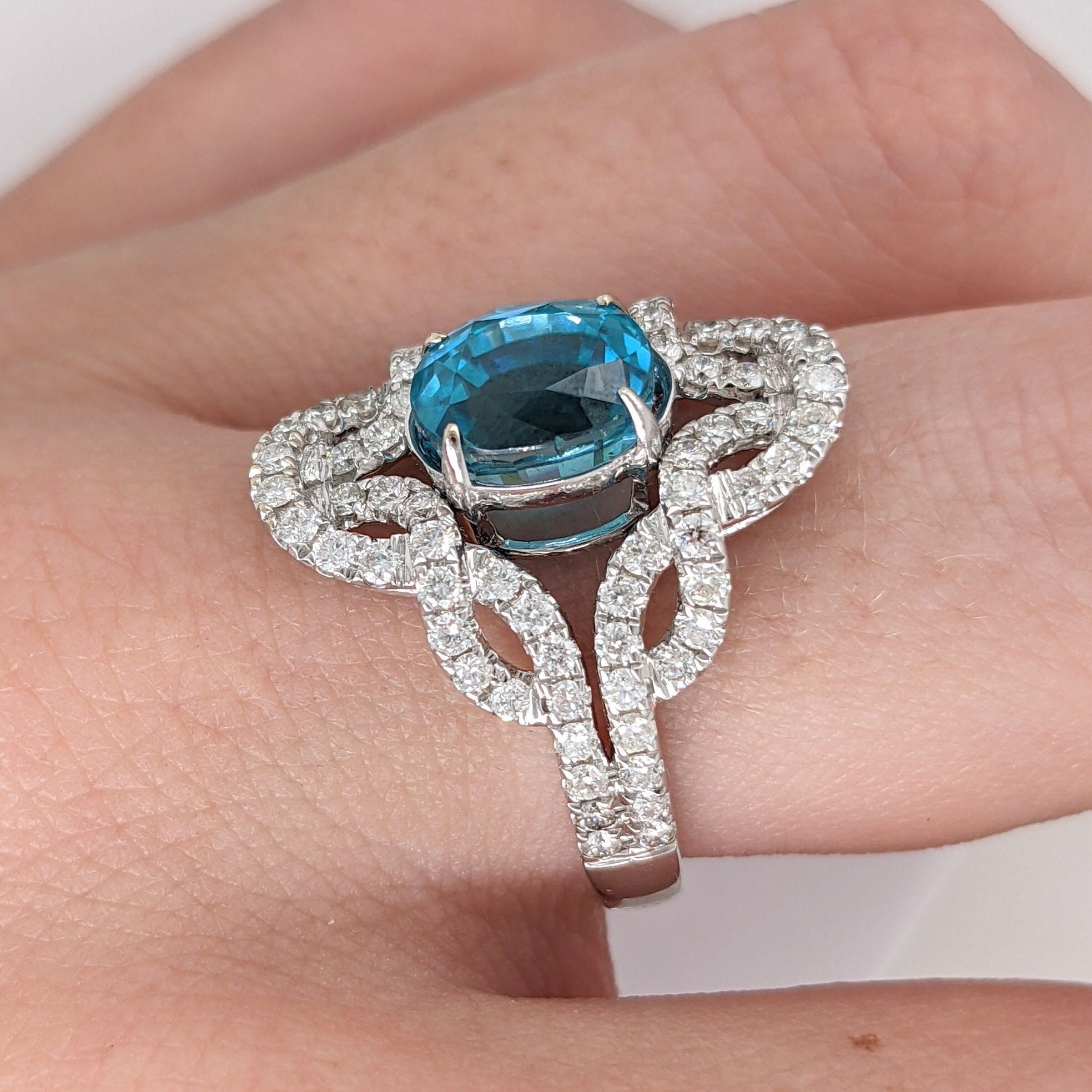 Sparkling Blue Zircon Ring in Solid 14K White Gold w Intricate Pave Diamond Design | Oval 9.5x7.5mm | Art Deco Ring | December Birthstone
