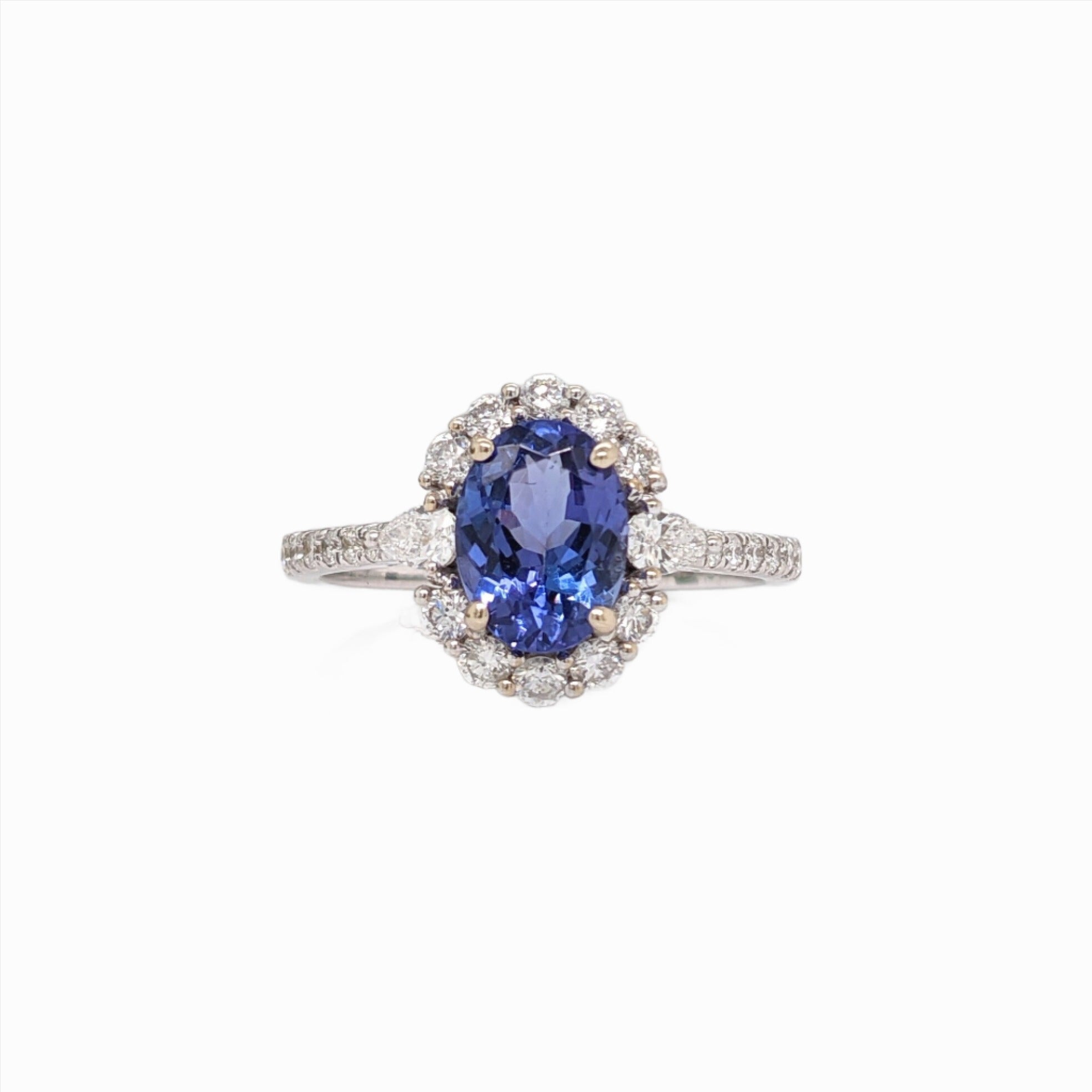 Vibrant Tanzanite Ring in 14k Solid White Gold with Round and Pear Shape Natural Diamond Accents | Oval 8x6mm | December Birthstone