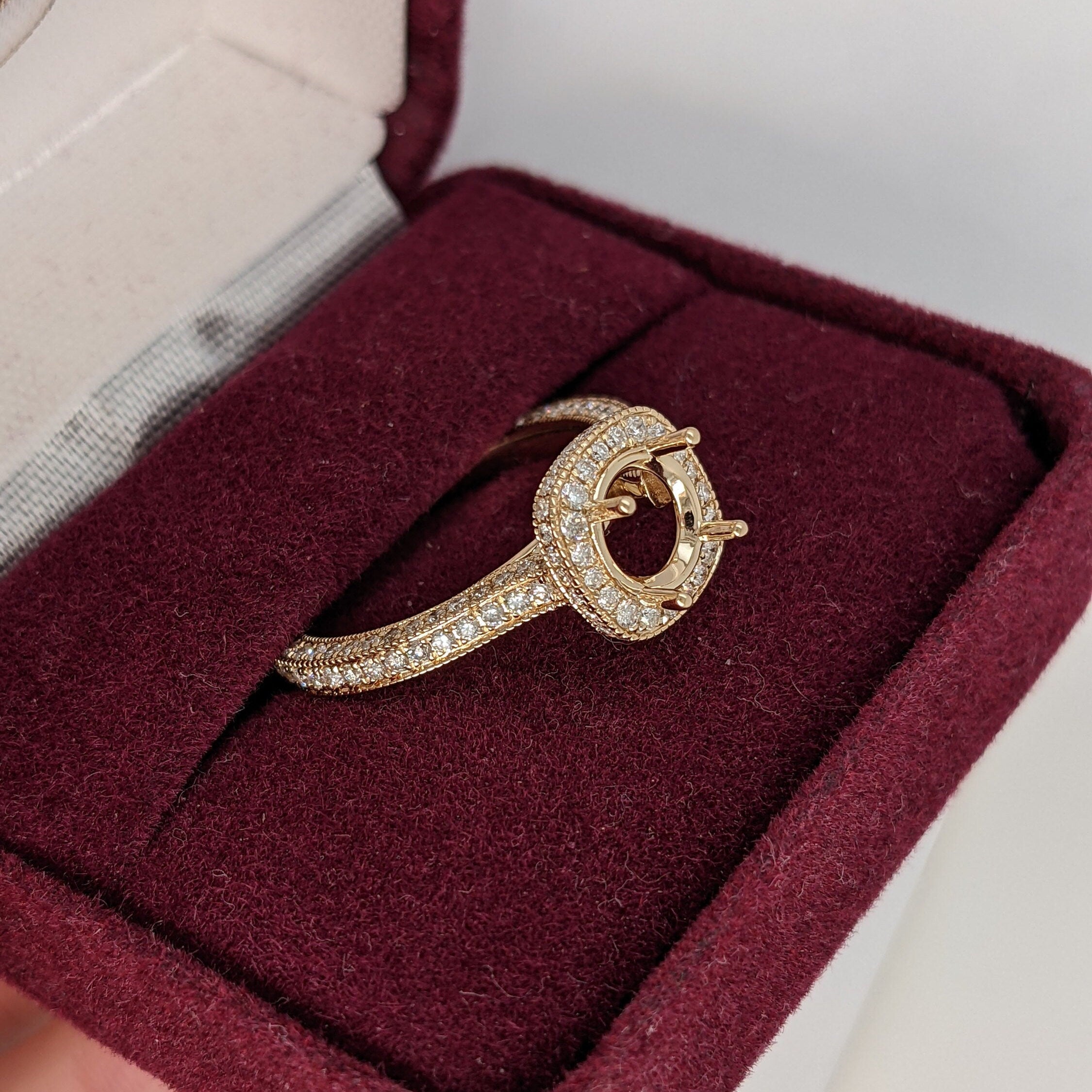 Stunning Vintage Inspired Ring Semi Mount with Diamond Halo and Pave Diamond Shank | Round 6.7mm | Brilliant Cut | Custom Sizes!
