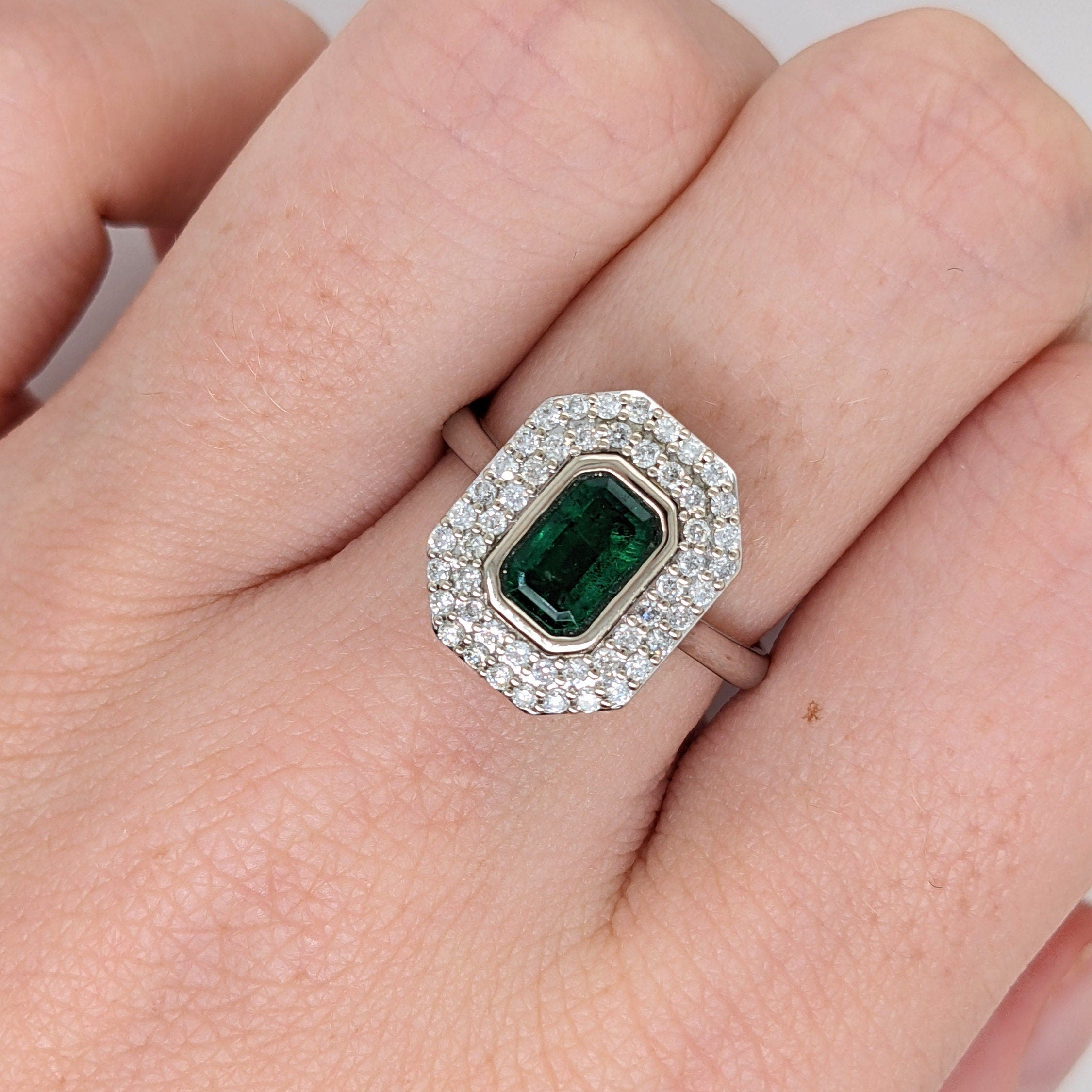 Unique Zambian Emerald Ring with Natural Diamond Accents in Solid 14k White Gold | Emerald Cut | Green Gemstone Jewelry | May Birthstone