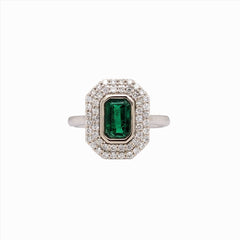 Unique Zambian Emerald Ring with Natural Diamond Accents in Solid 14k White Gold | Emerald Cut | Green Gemstone Jewelry | May Birthstone