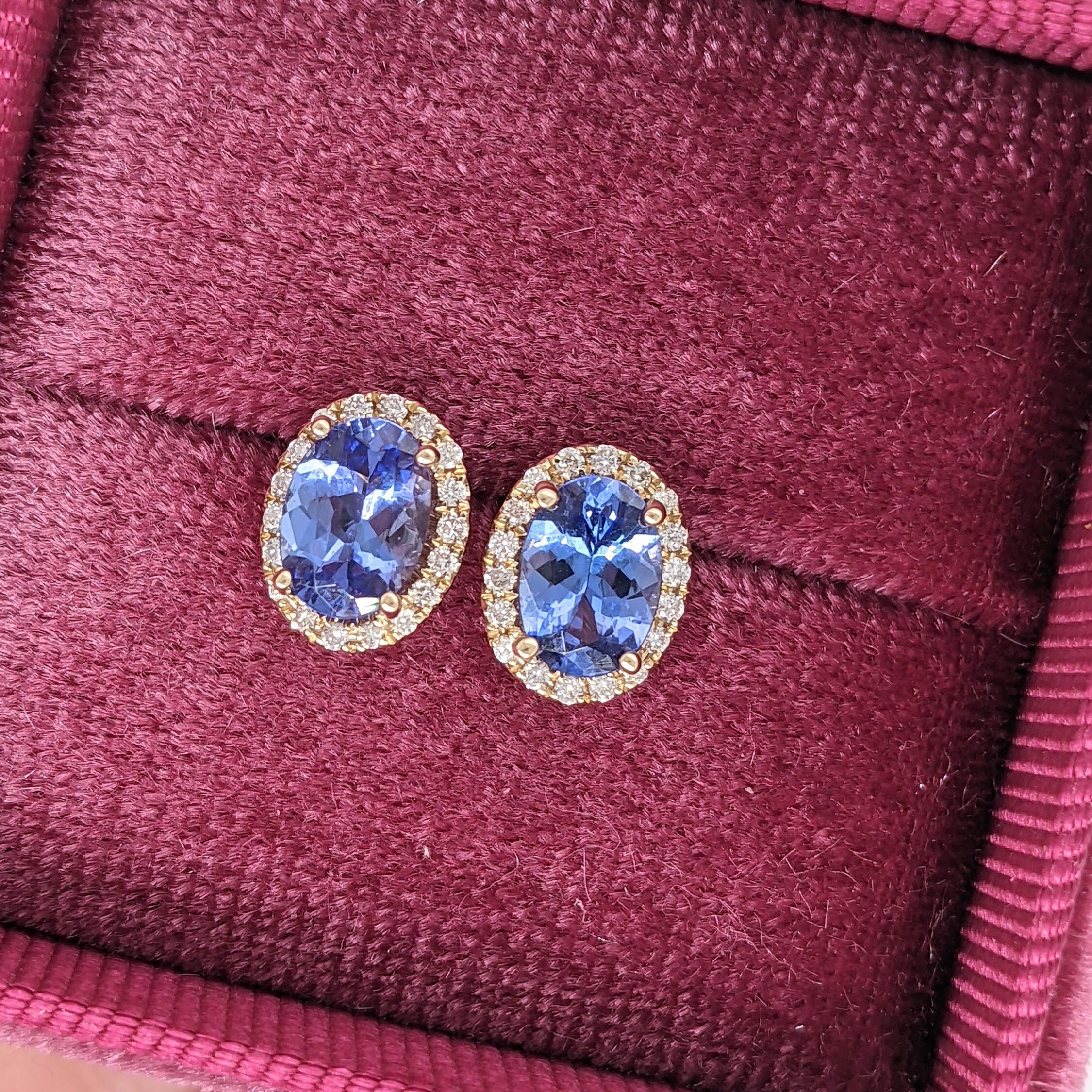 Tanzanite Stud Earrings Accented w All Natural Diamond Halo in Solid 14k Rose Gold || Oval 7x5mm || December Birthstone || Customizable