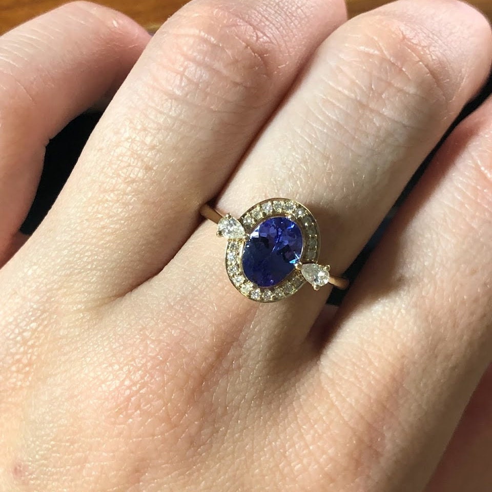 Unique Tanzanite Ring in 14k Solid Yellow Gold with Round and Pear Shape Natural Diamond Accents | Oval 8x6mm | December | Compass Prong