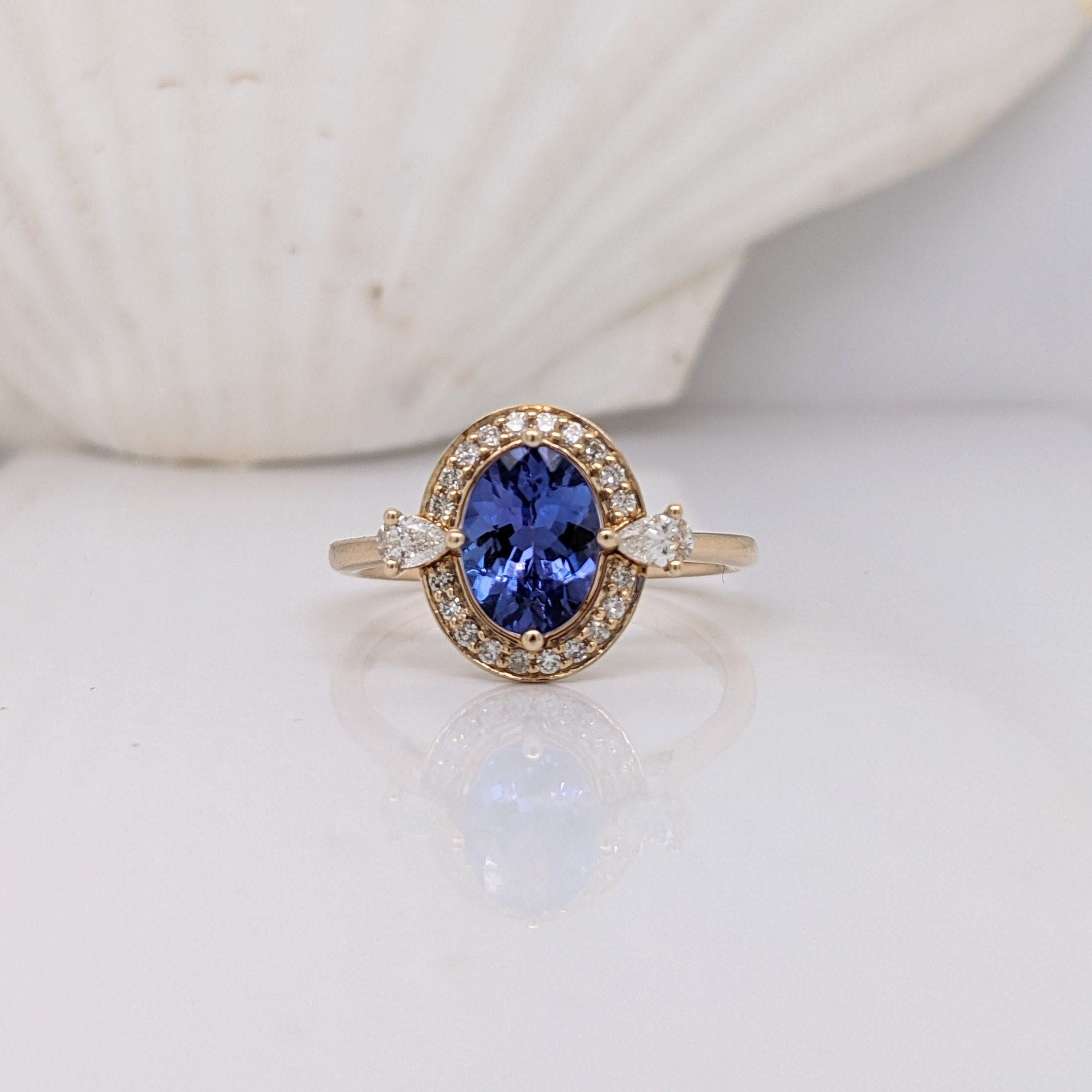 Unique Tanzanite Ring in 14k Solid Yellow Gold with Round and Pear Shape Natural Diamond Accents | Oval 8x6mm | December | Compass Prong