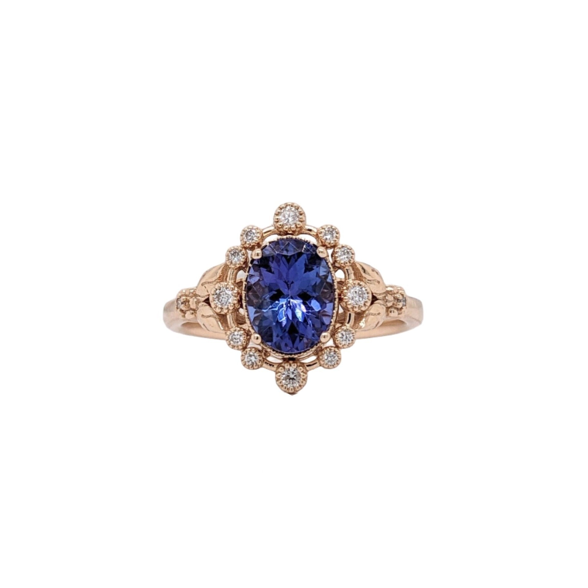 Floral Tanzanite Ring in 14k Solid Yellow, White or Rose Gold w Diamond Accent and Milgrain Detail | Oval 8x6mm | December | Bezel | Deep
