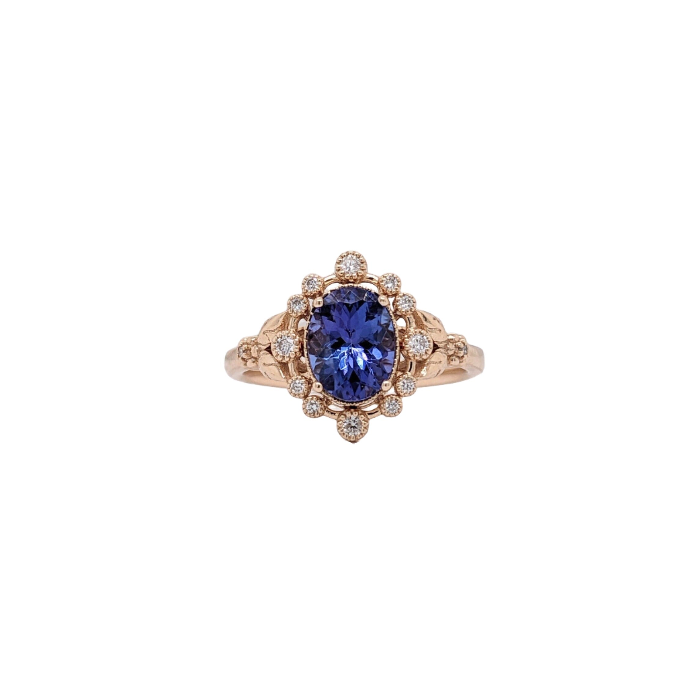 Floral Tanzanite Ring in 14k Solid Yellow, White or Rose Gold w Diamond Accent and Milgrain Detail | Oval 8x6mm | December | Bezel | Deep