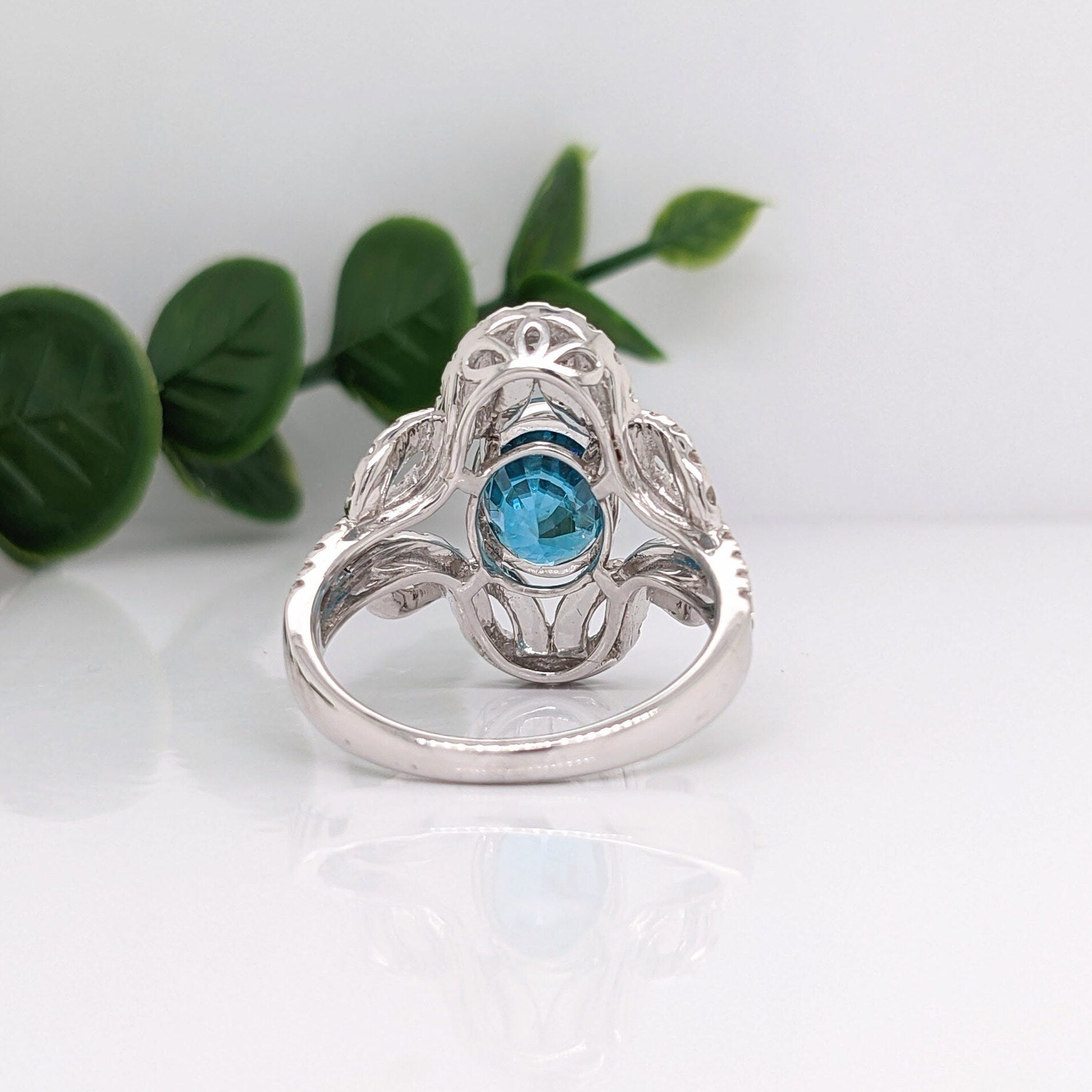 Sparkling Blue Zircon Ring in Solid 14K White Gold w Intricate Pave Diamond Design | Oval 9.5x7.5mm | Art Deco Ring | December Birthstone