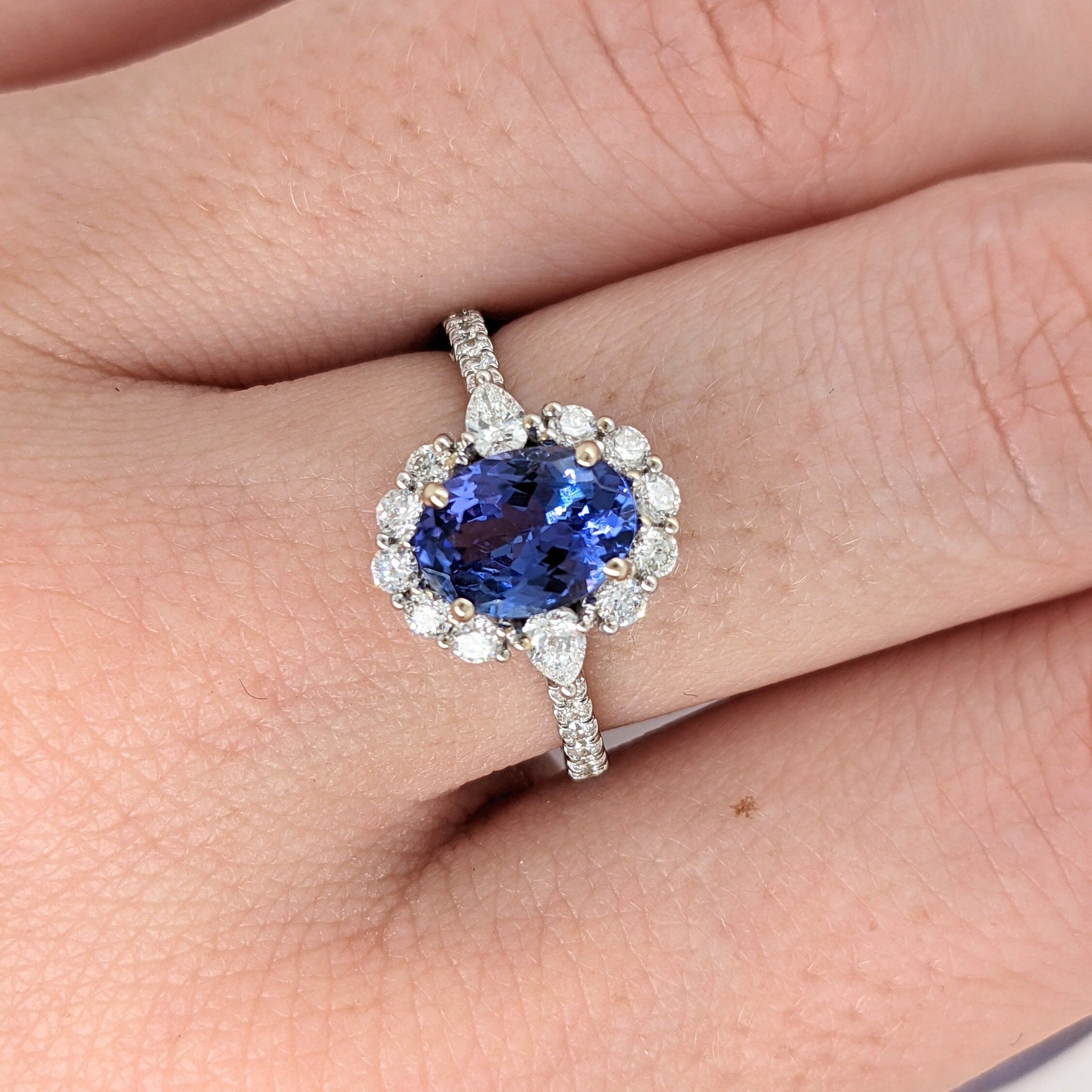 Vibrant Tanzanite Ring in 14k Solid White Gold with Round and Pear Shape Natural Diamond Accents | Oval 8x6mm | December Birthstone