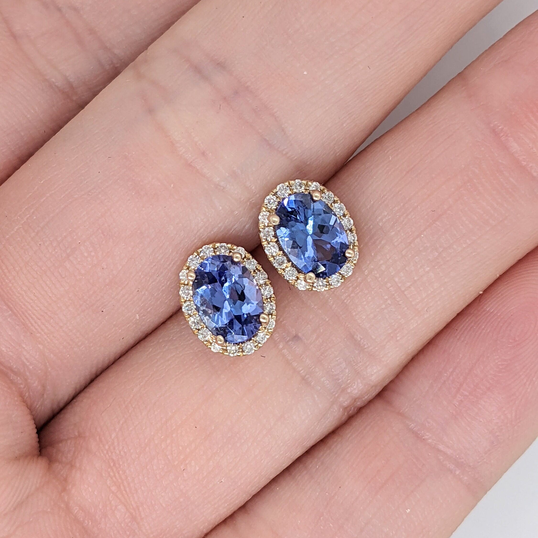 Tanzanite Stud Earrings Accented w All Natural Diamond Halo in Solid 14k Rose Gold || Oval 7x5mm || December Birthstone || Customizable