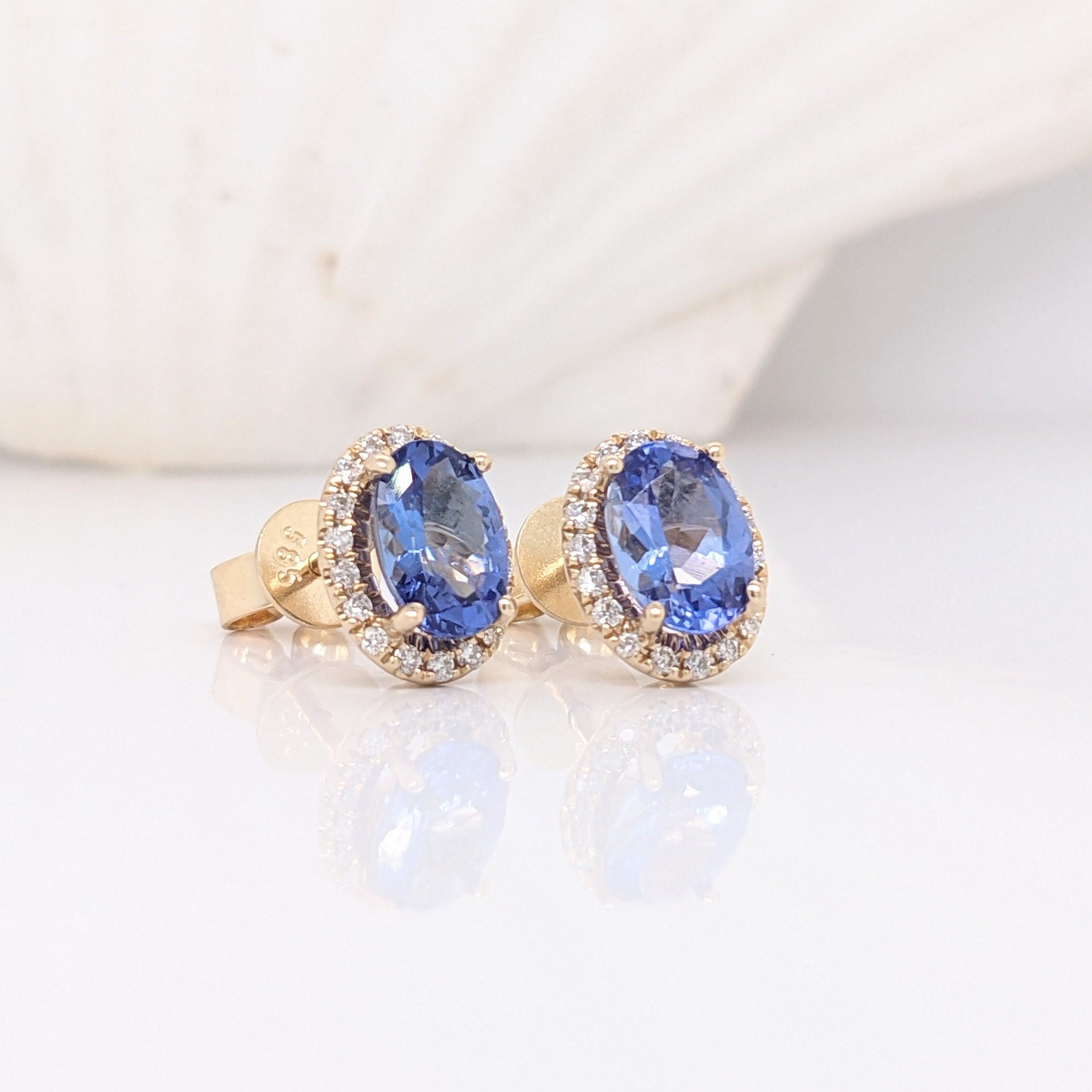 Tanzanite Stud Earrings Accented w All Natural Diamond Halo in Solid 14k Rose Gold || Oval 7x5mm || December Birthstone || Customizable