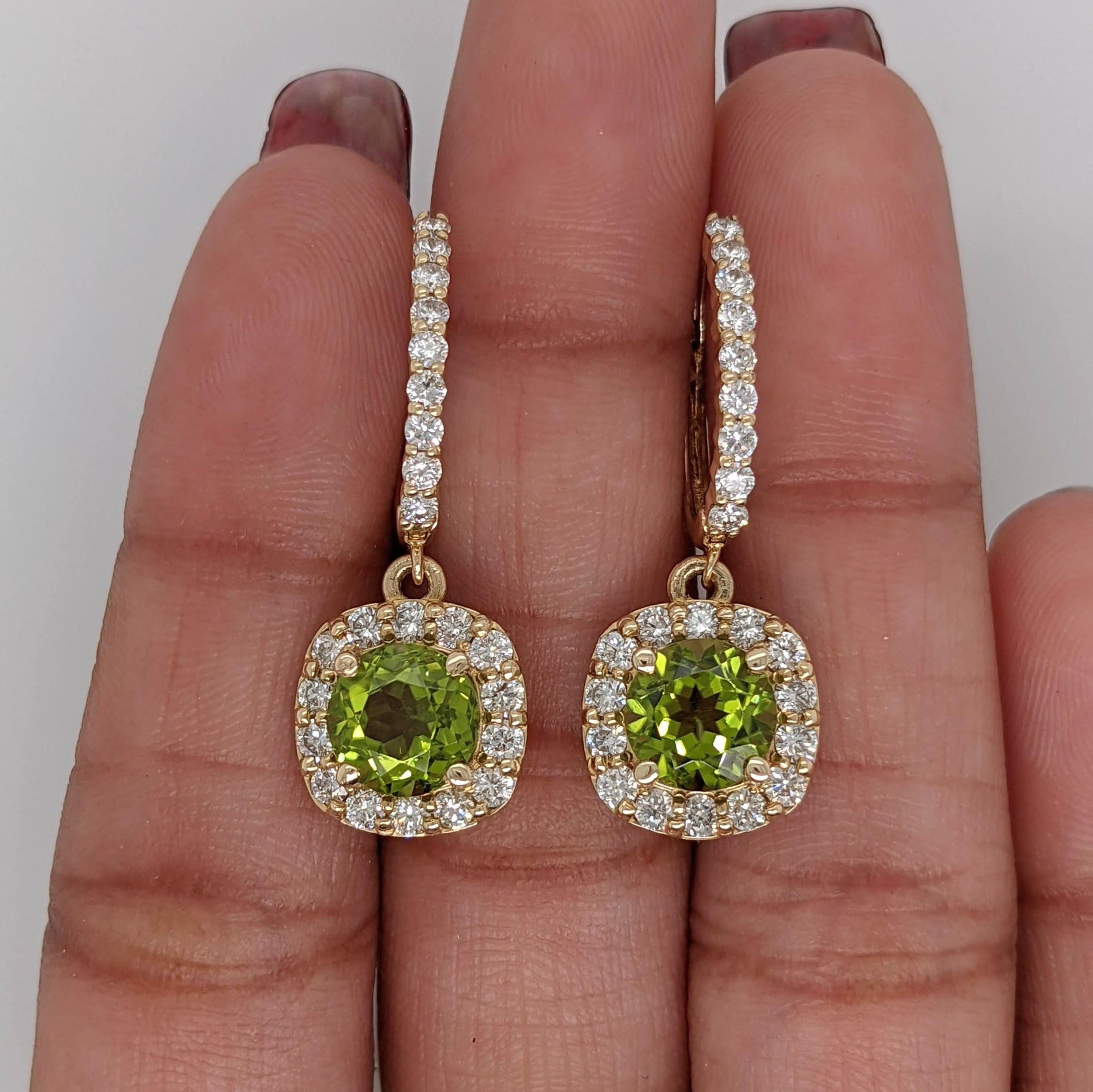 Peridot Earrings Accented w All Natural Diamond Halo in Solid 14k Yellow Gold || Round 7mm || August Birthstone || Ready to Ship!