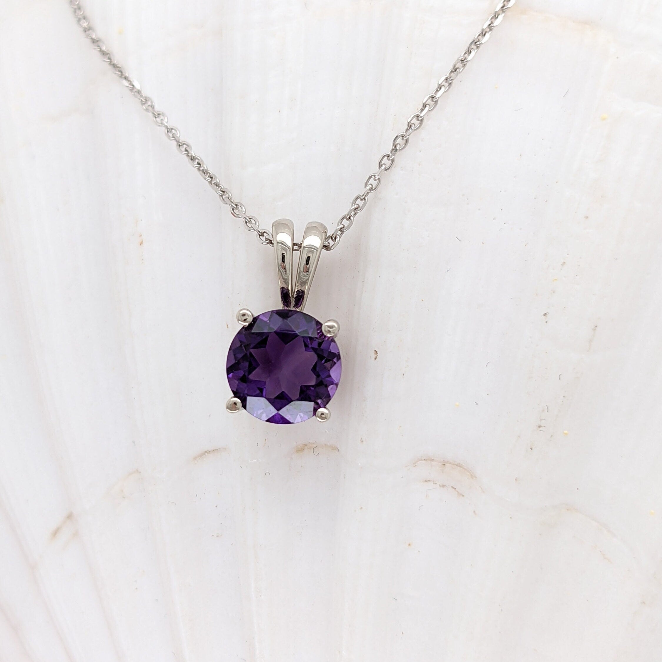 Pendants-Pretty Solitaire Amethyst Pendant in Solid 14k White, Yellow or Rose Gold | Rabbit Bail | Round 7mm | Prong | Purple Gem | February Birthday - NNJGemstones