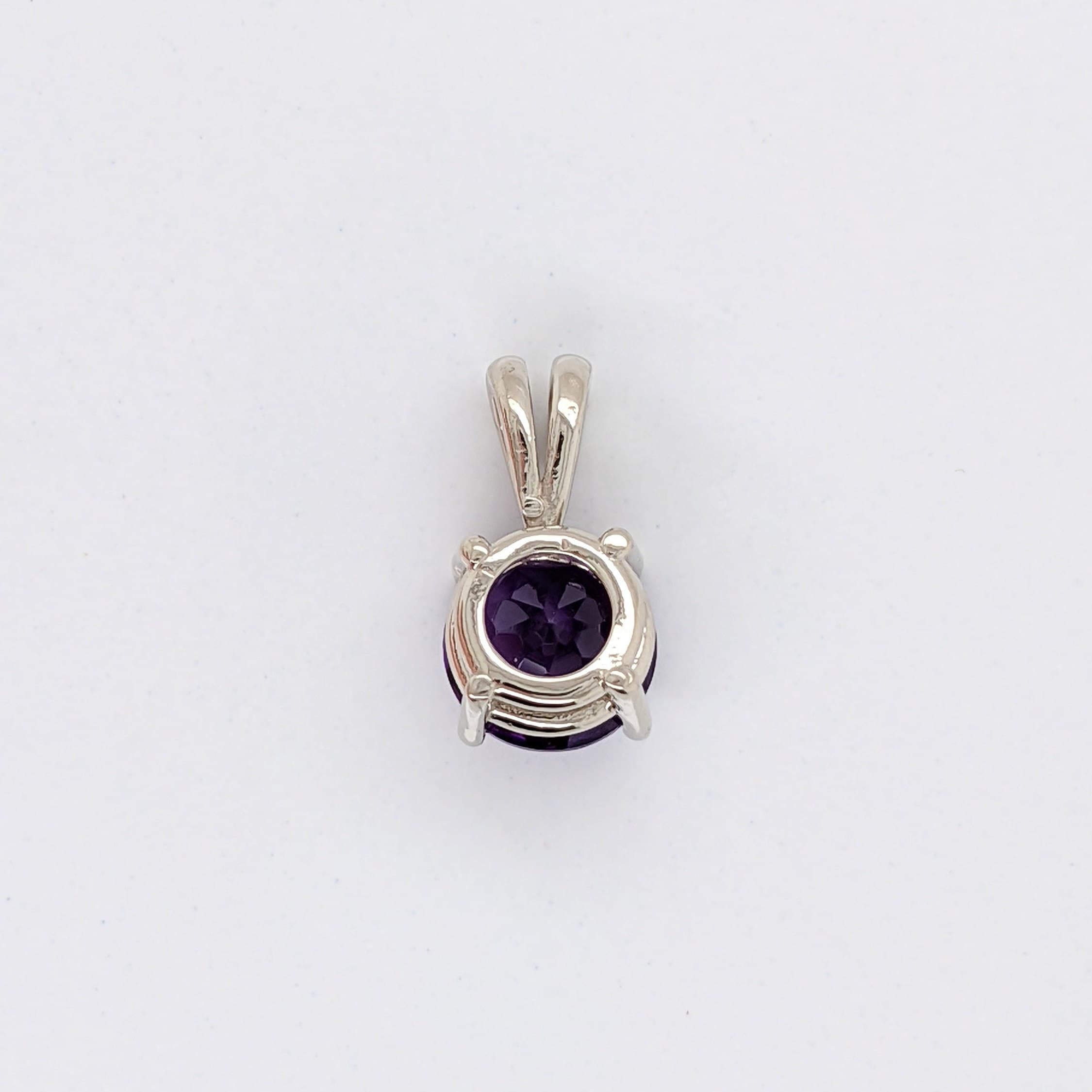 Pendants-Pretty Solitaire Amethyst Pendant in Solid 14k White, Yellow or Rose Gold | Rabbit Bail | Round 7mm | Prong | Purple Gem | February Birthday - NNJGemstones