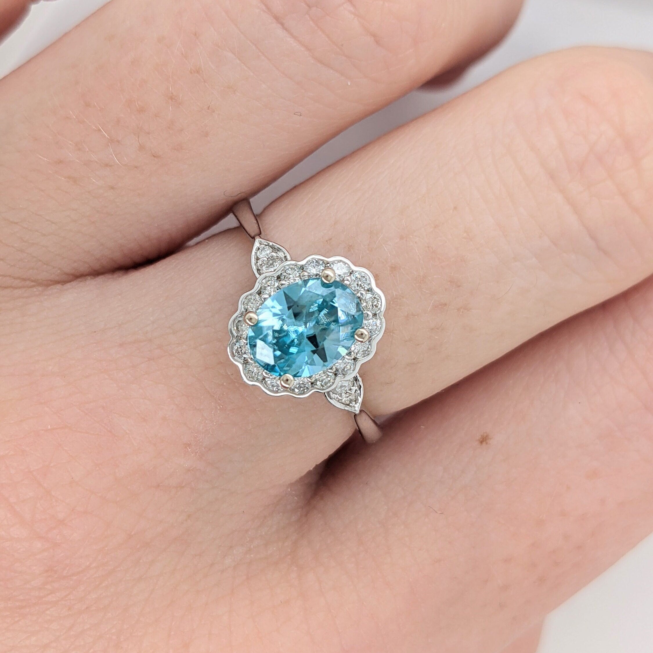 Vintage Inspired Blue Zircon Ring in 14K Gold w Diamond Accent Halo | Oval 8x6mm | Floral Halo | Art Deco | December Birthstone Ring