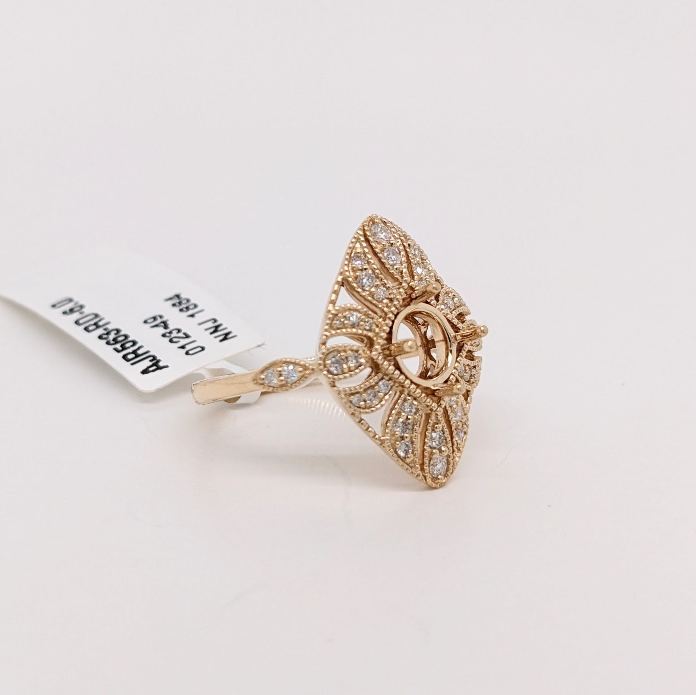 Vintage Inspired Ring Semi Mount w Diamonds in Solid 14K Gold | Round 6mm Brilliant Cut | Milgrain | Custom Gemstone Jewelry | Stone Setting